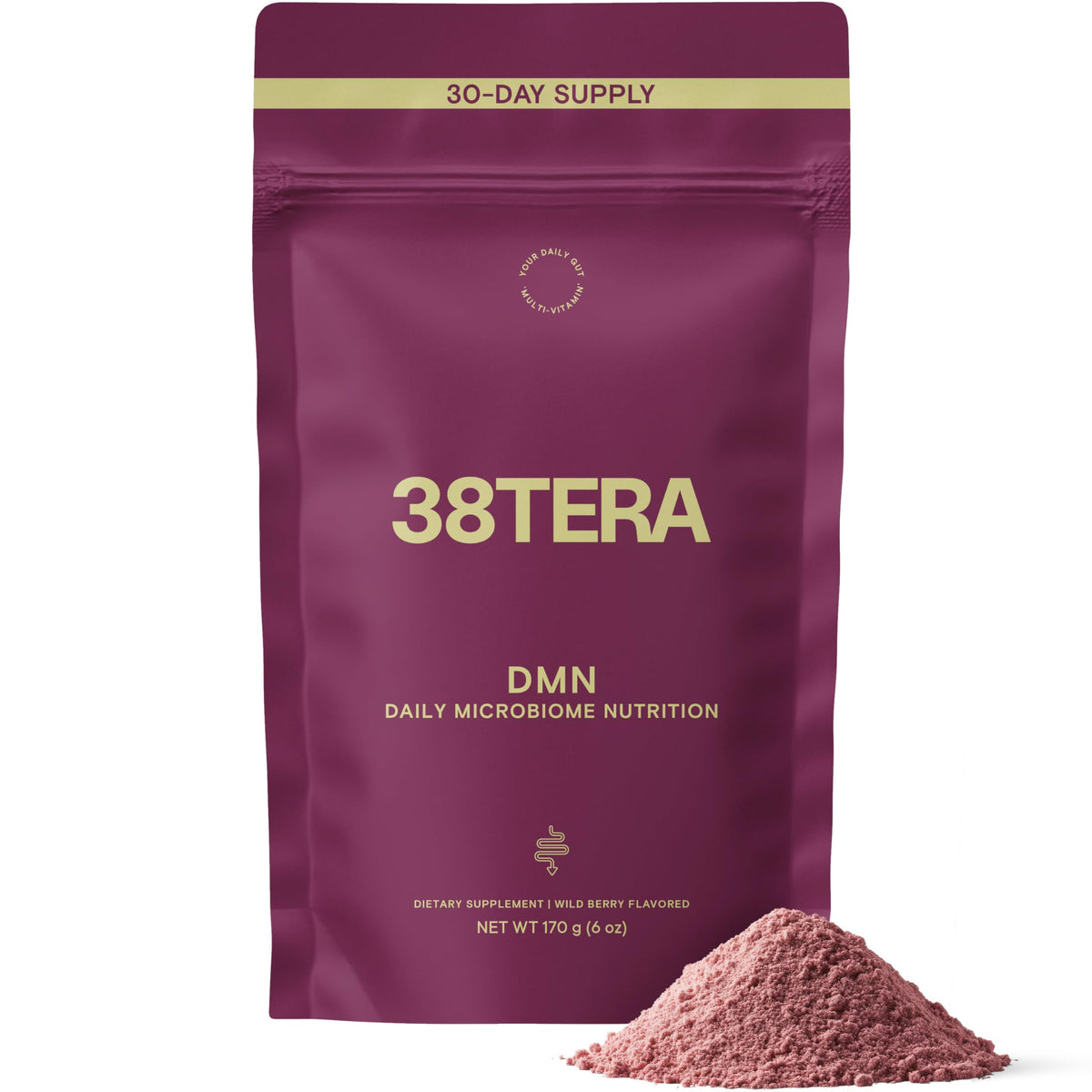 38TERA DMN tub close-up highlighting plant-based fiber for daily gut support.