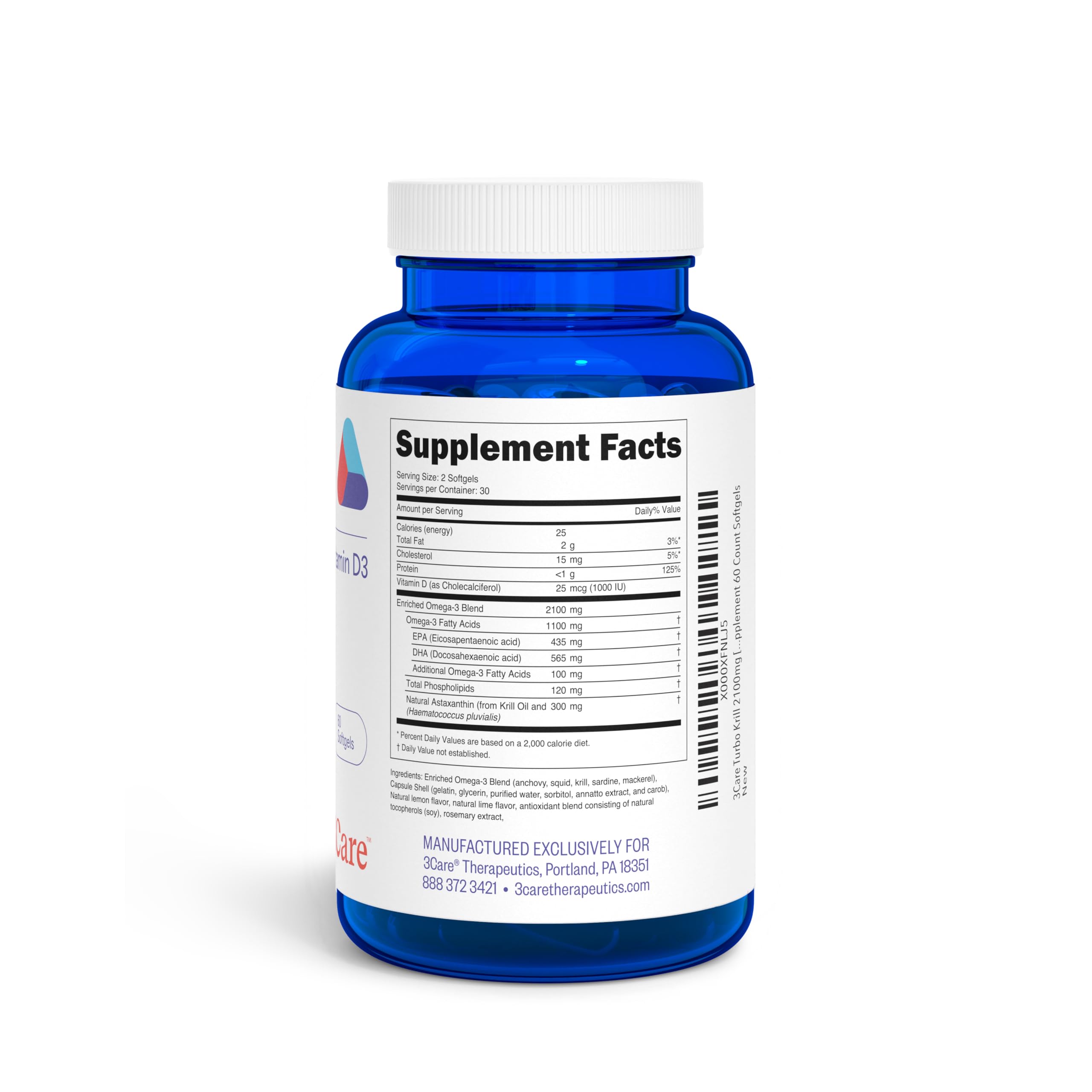 3Care Turbo Krill 2100mg bottle back label with nutrient details