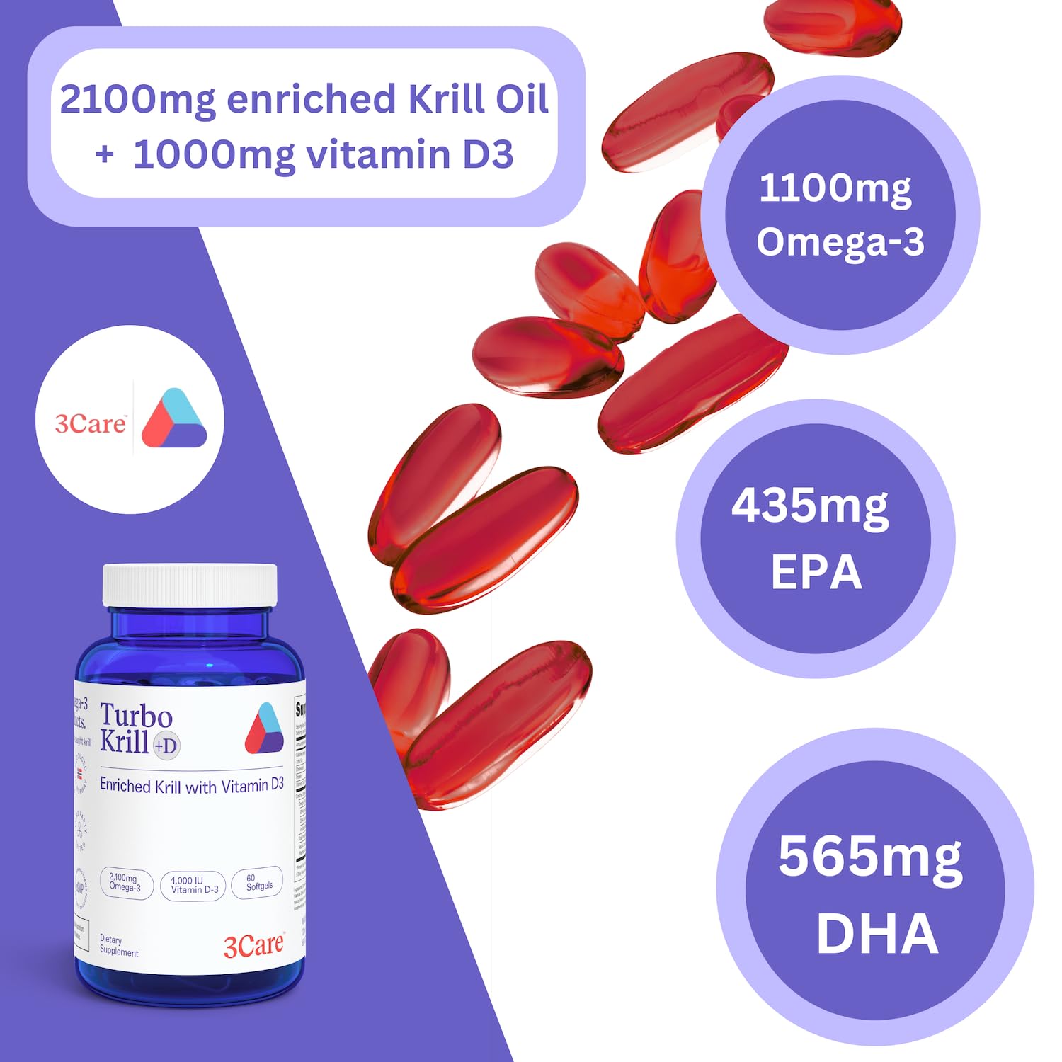 3Care Turbo Krill label panel displaying EPA and DHA amounts