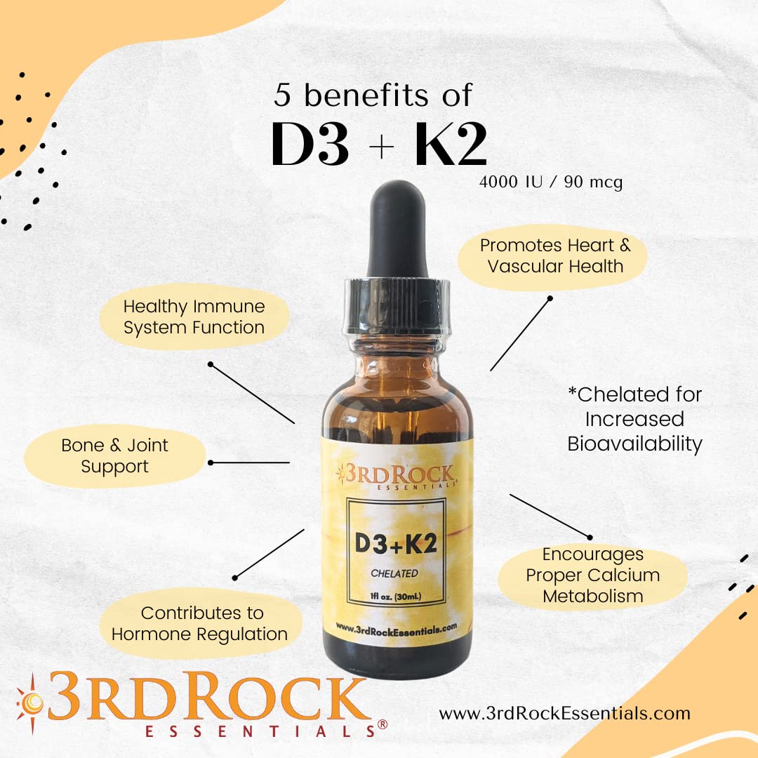 3rd Rock Essentials d3 k2 drops pour demonstrates convenient daily liquid dosing.