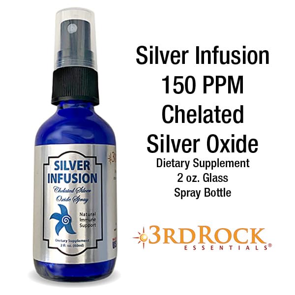 3rd Rock Essentials Silver Infusion label close-up showing 150 PPM concentration for daily use