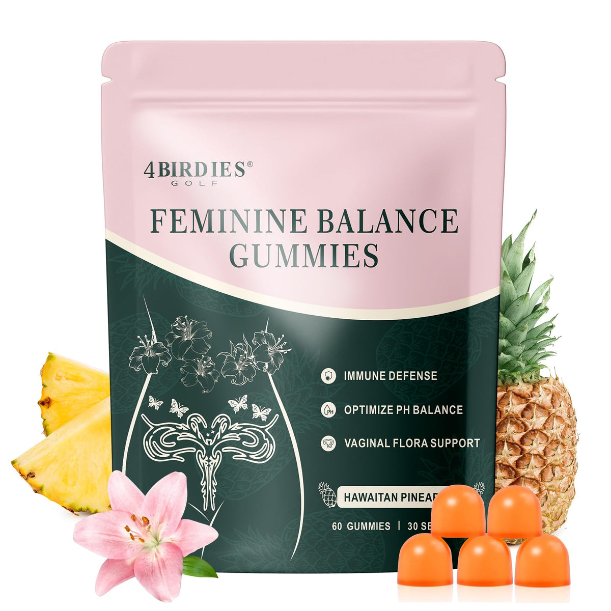 4 BIRDIES GOLF premium feminine balance gummies bottle, vegan and gluten-free daily balance