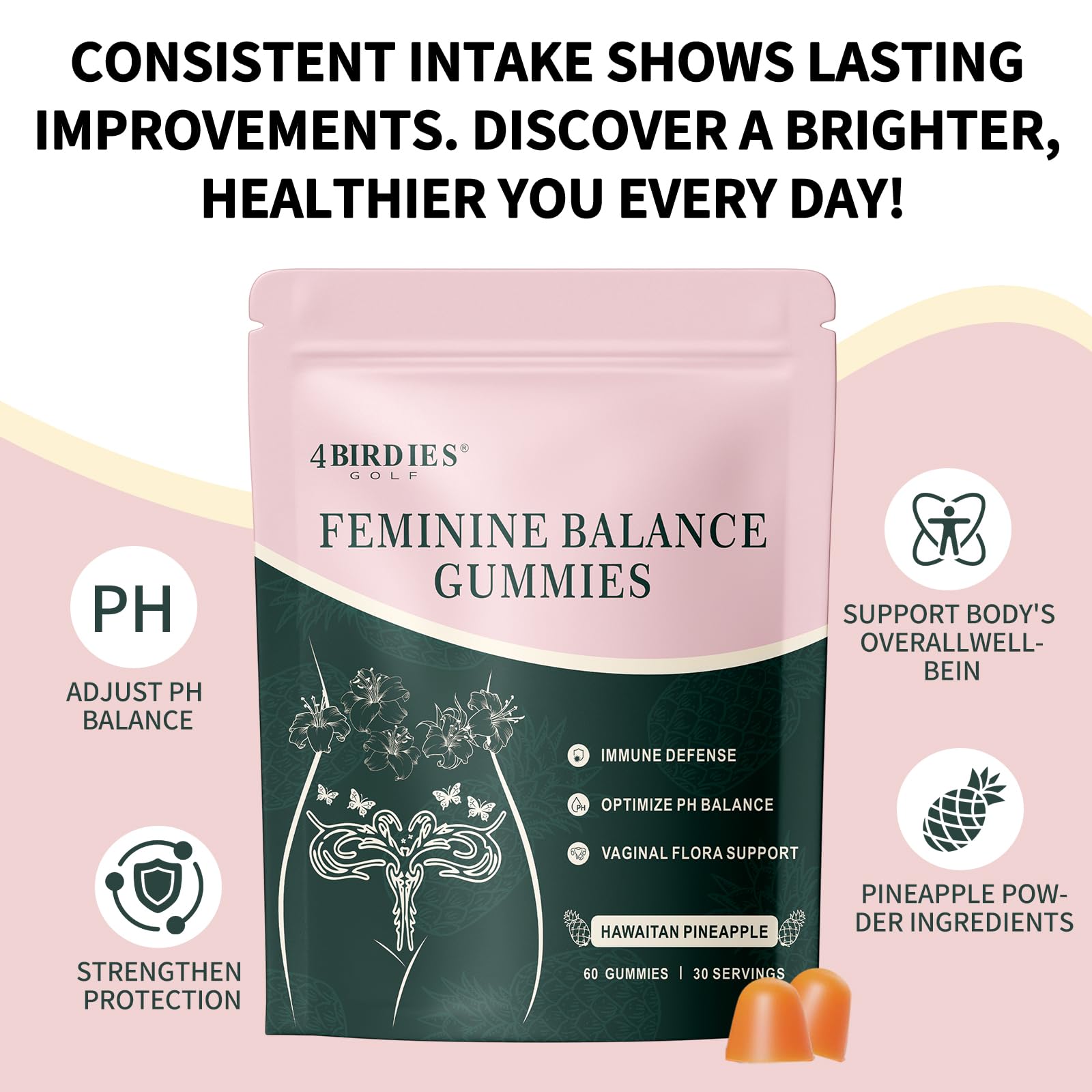 Lifestyle shot of 4 BIRDIES GOLF balance gummies for women