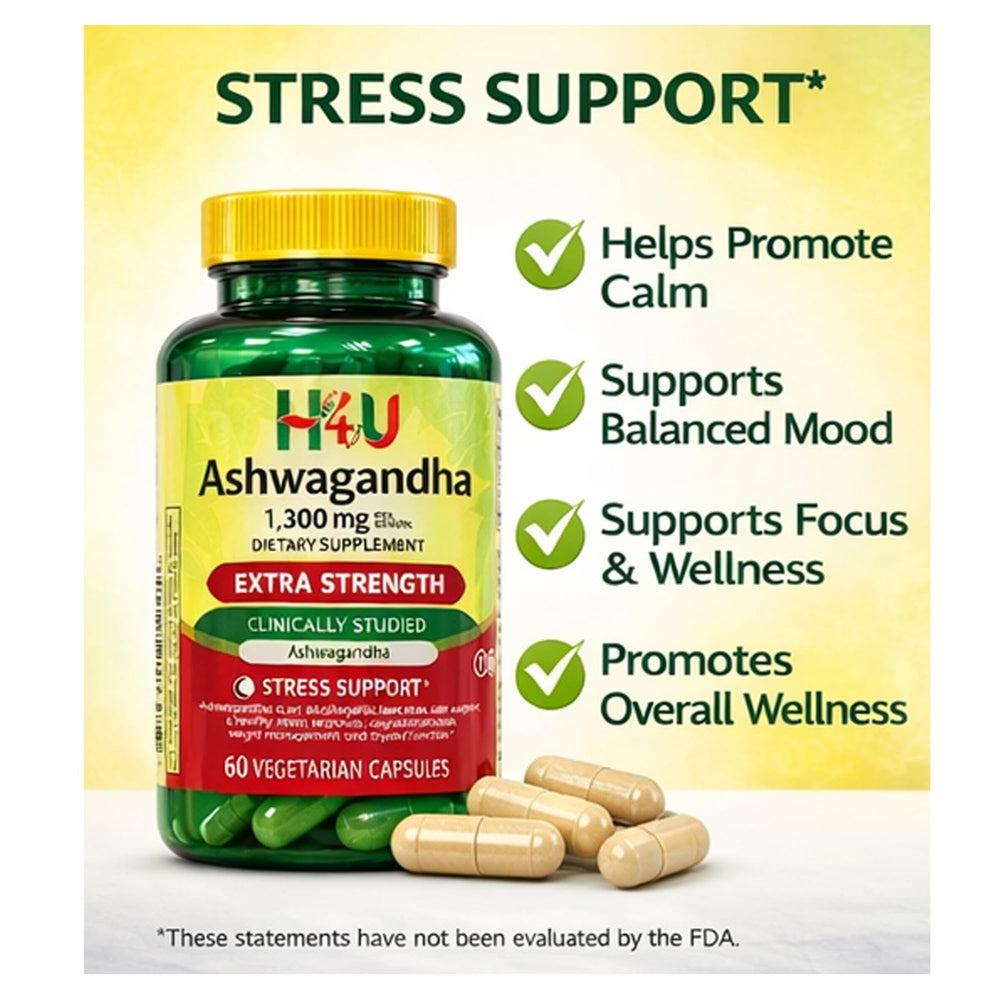 4 Top Care Ashwagandha capsules label shows 1300 mg potency