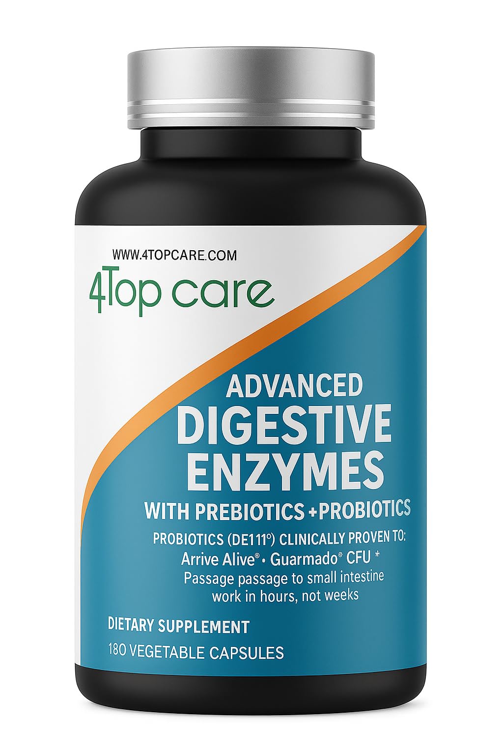 4 TOP CARE H4U Digestive Enzymes bottle close-up highlights vegetarian formula for digestion