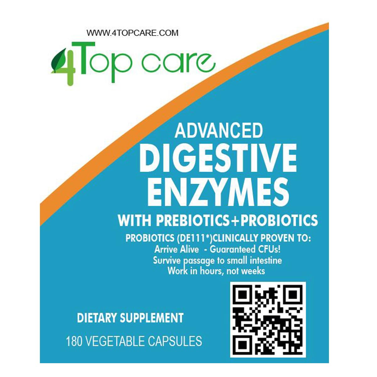 4 TOP CARE H4U Digestive Enzymes probiotics and prebiotics label demonstrates 3-in-1 formula
