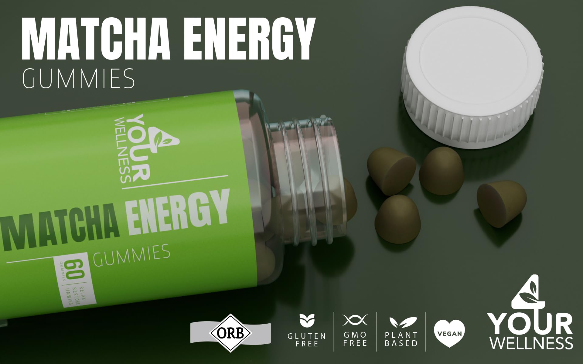 4 Your Wellness Matcha Energy Gummies packaging flatlay emphasizing gluten-free and vegan attributes