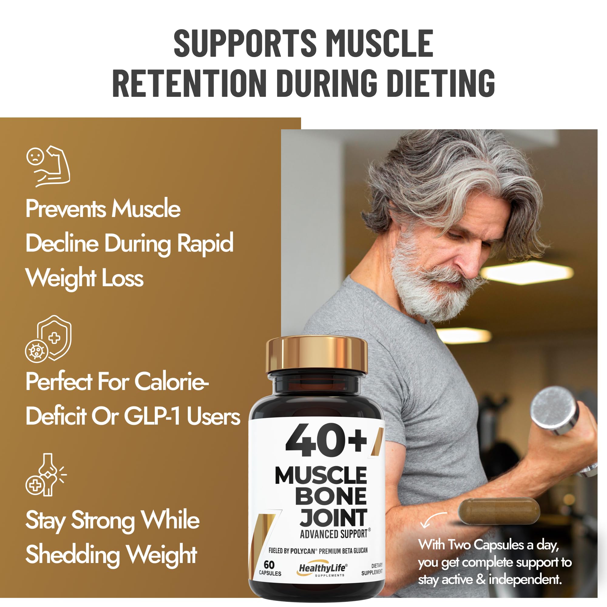 Dosage chart on 40+ Muscle Bone Joint Advanced Support packaging for reference