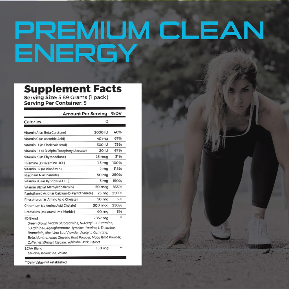 4D Clean Energy on-the-go packets shown in gym bag.