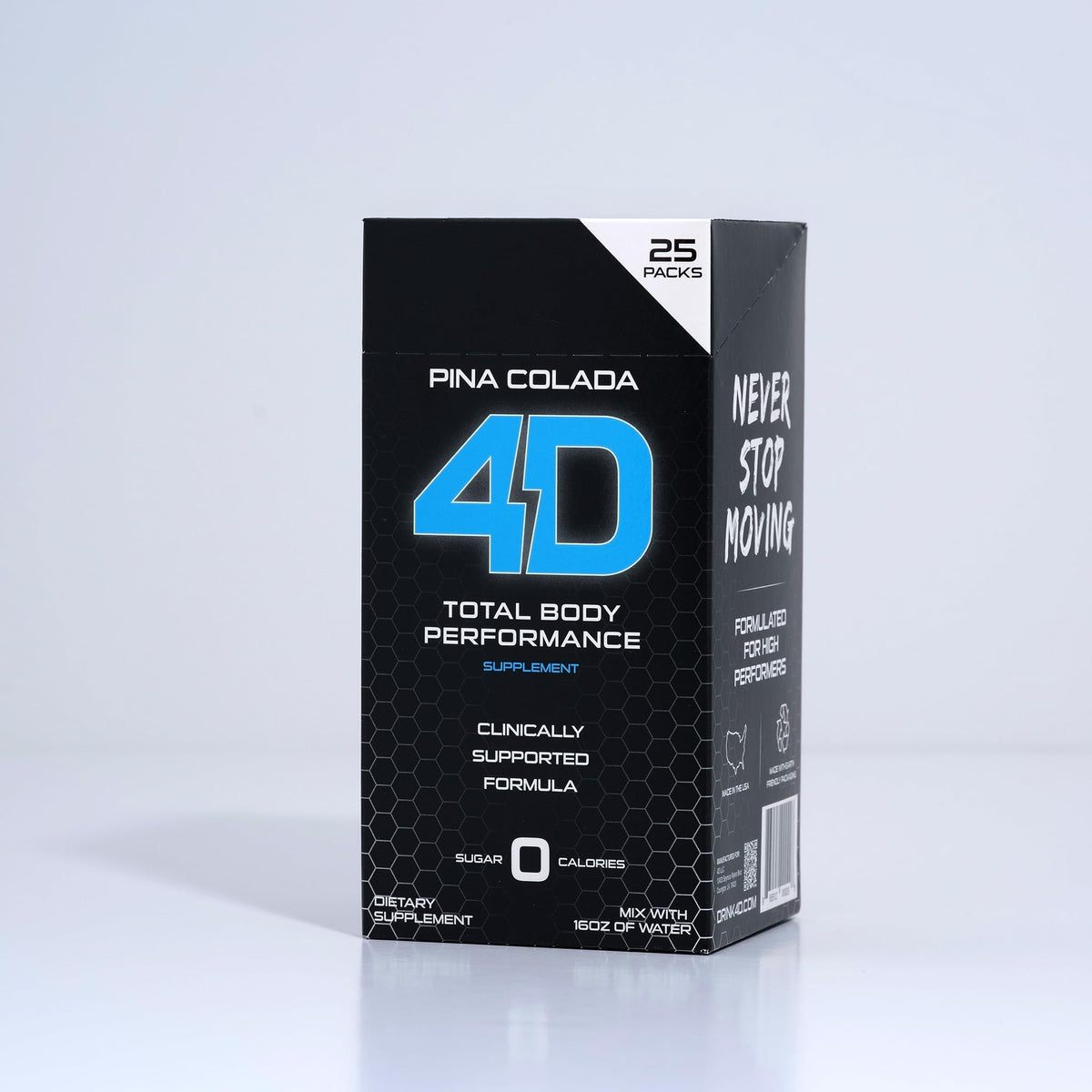 4D Clean Energy Pina Colada box shows 25-pack convenience for daily hydration.