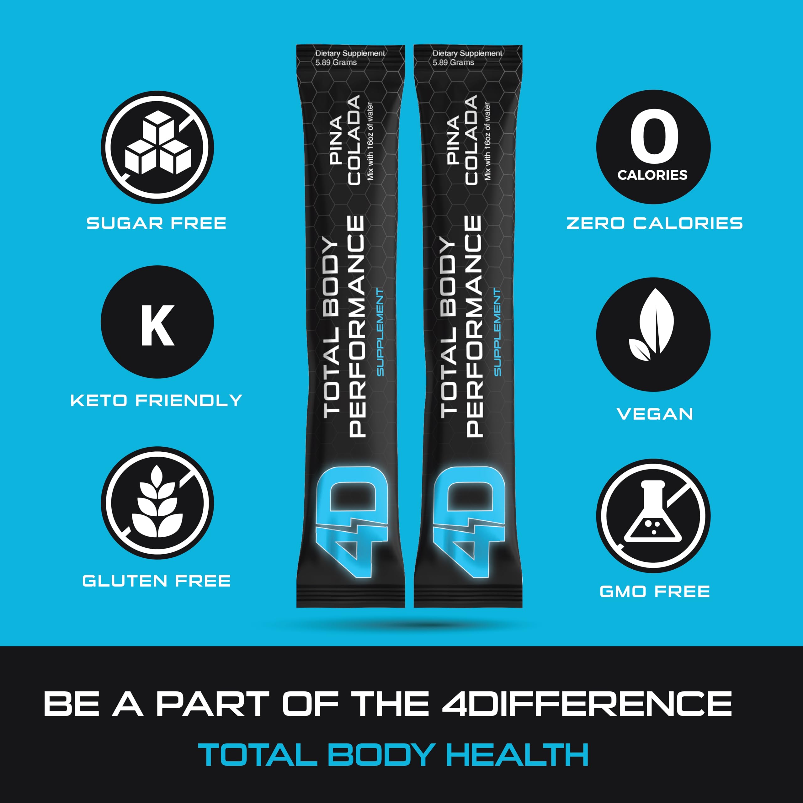 Nutrition label highlights zero calories and vegan, gluten-free benefits.