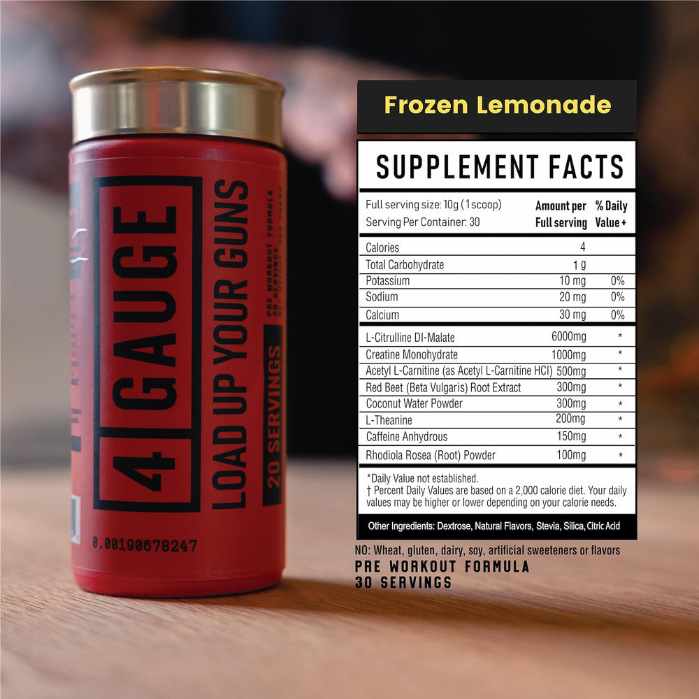 4 Gauge Natural Preworkout ingredients bottle spotlights L-Citrulline and Creatine.