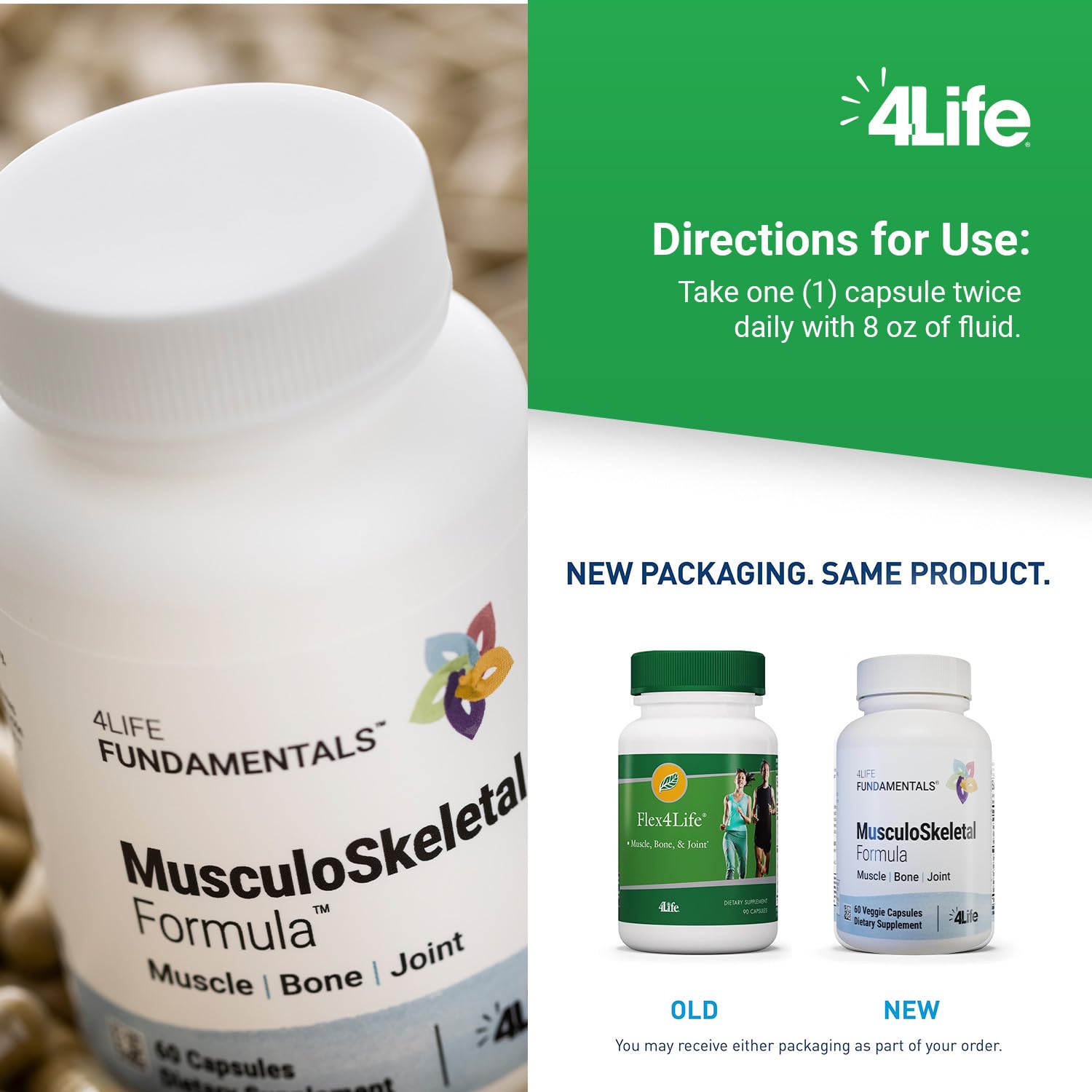 4Life Musculoskeletal Formula bottle of 60 capsules for easy routine.