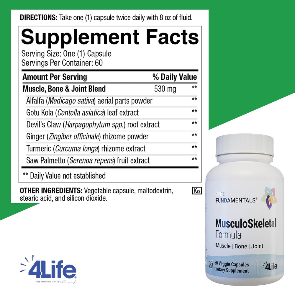 4Life Musculoskeletal Formula turmeric capsules for balanced joint comfort.