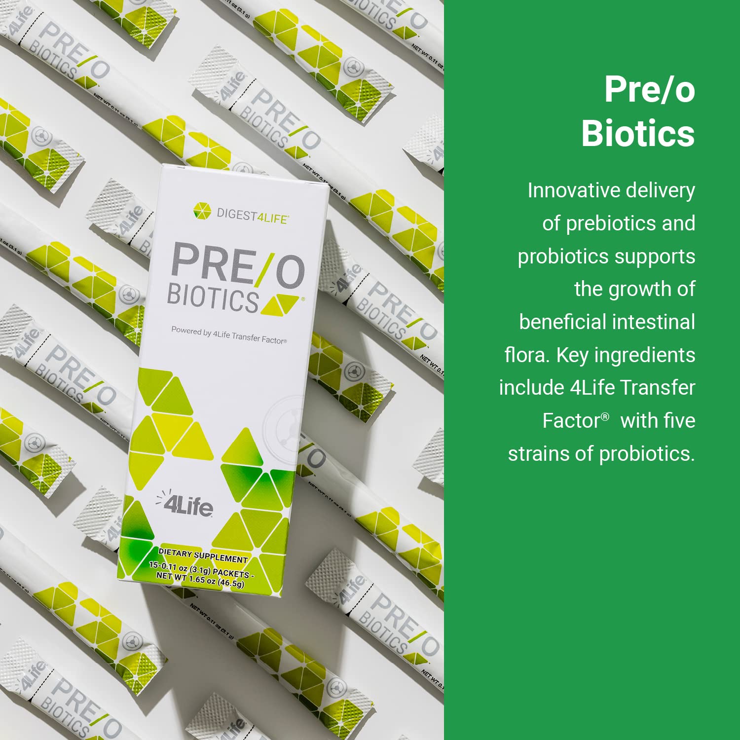 Box packaging of 4Life Pre/o Biotics highlighting 2-in-1 formula.