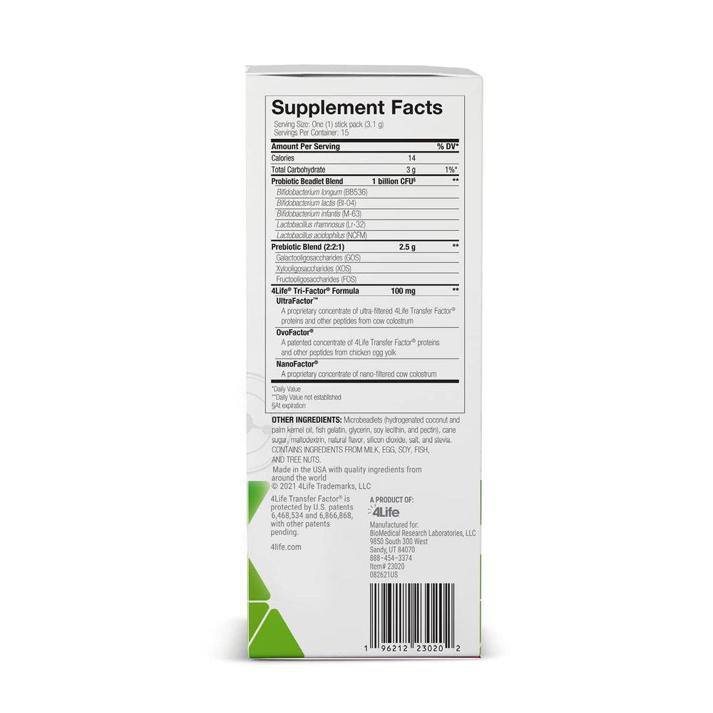 Closeup of 4Life Pre/o Biotics packets showing single-dose format.