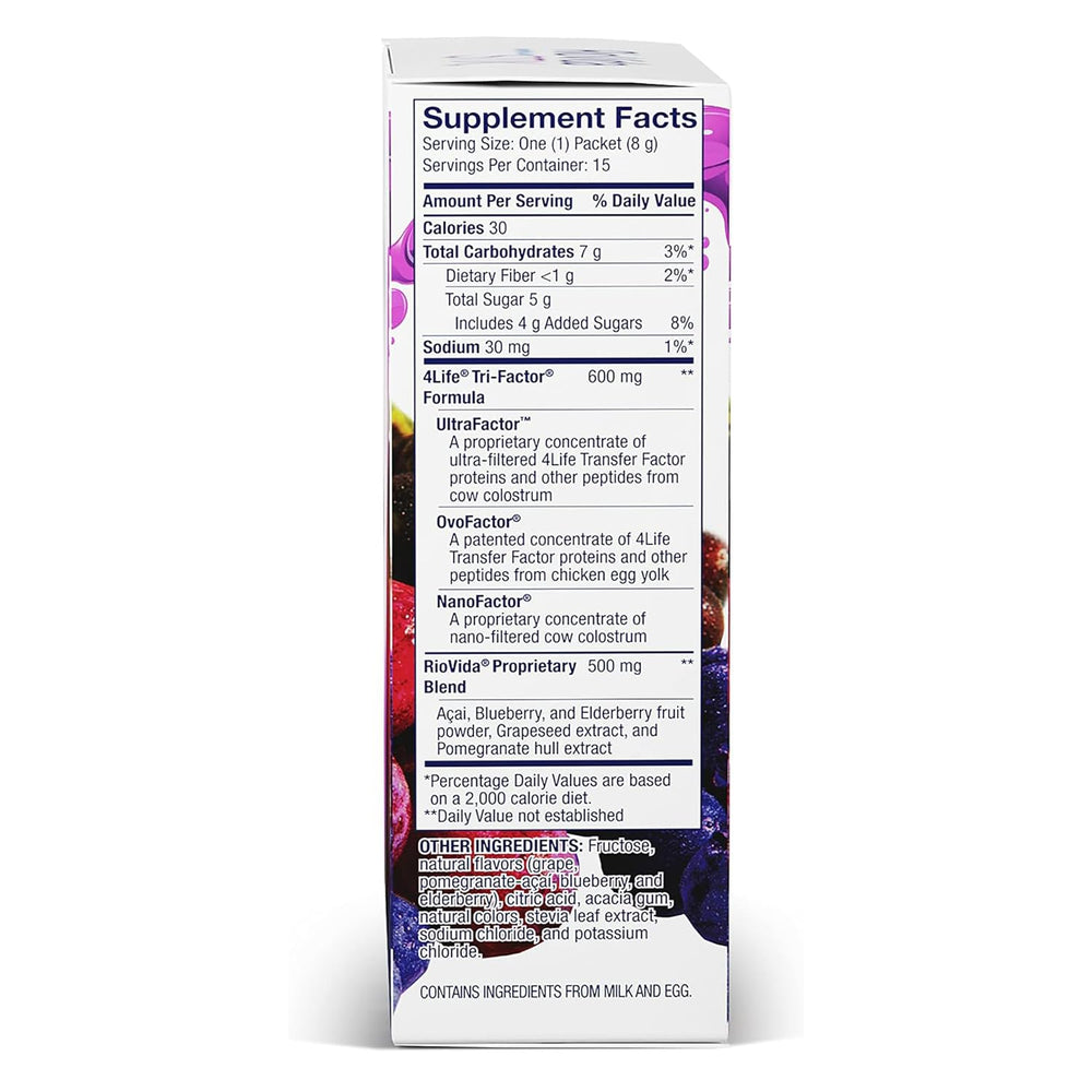 4Life RioVida Stix featuring elderberry and blueberry juice for antioxidants.