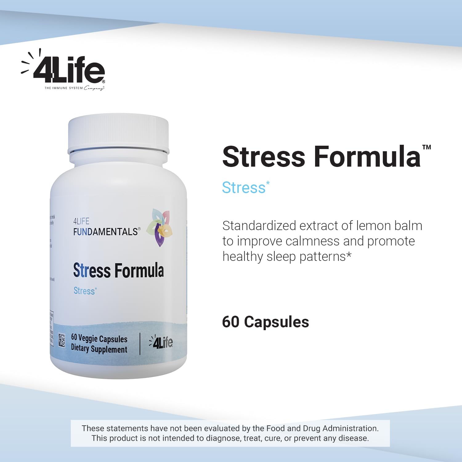 Close-up of 4Life Stress Formula label highlighting lemon balm, chamomile and valerian ingredients for calming effects
