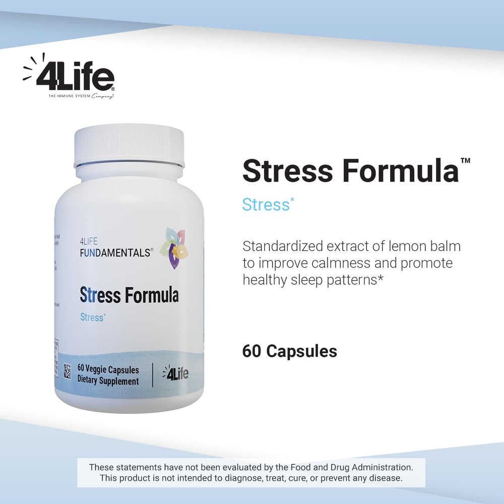 Close-up of 4Life Stress Formula label highlighting lemon balm, chamomile and valerian ingredients for calming effects