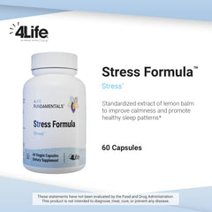 Close-up of 4Life Stress Formula label highlighting lemon balm, chamomile and valerian ingredients for calming effects