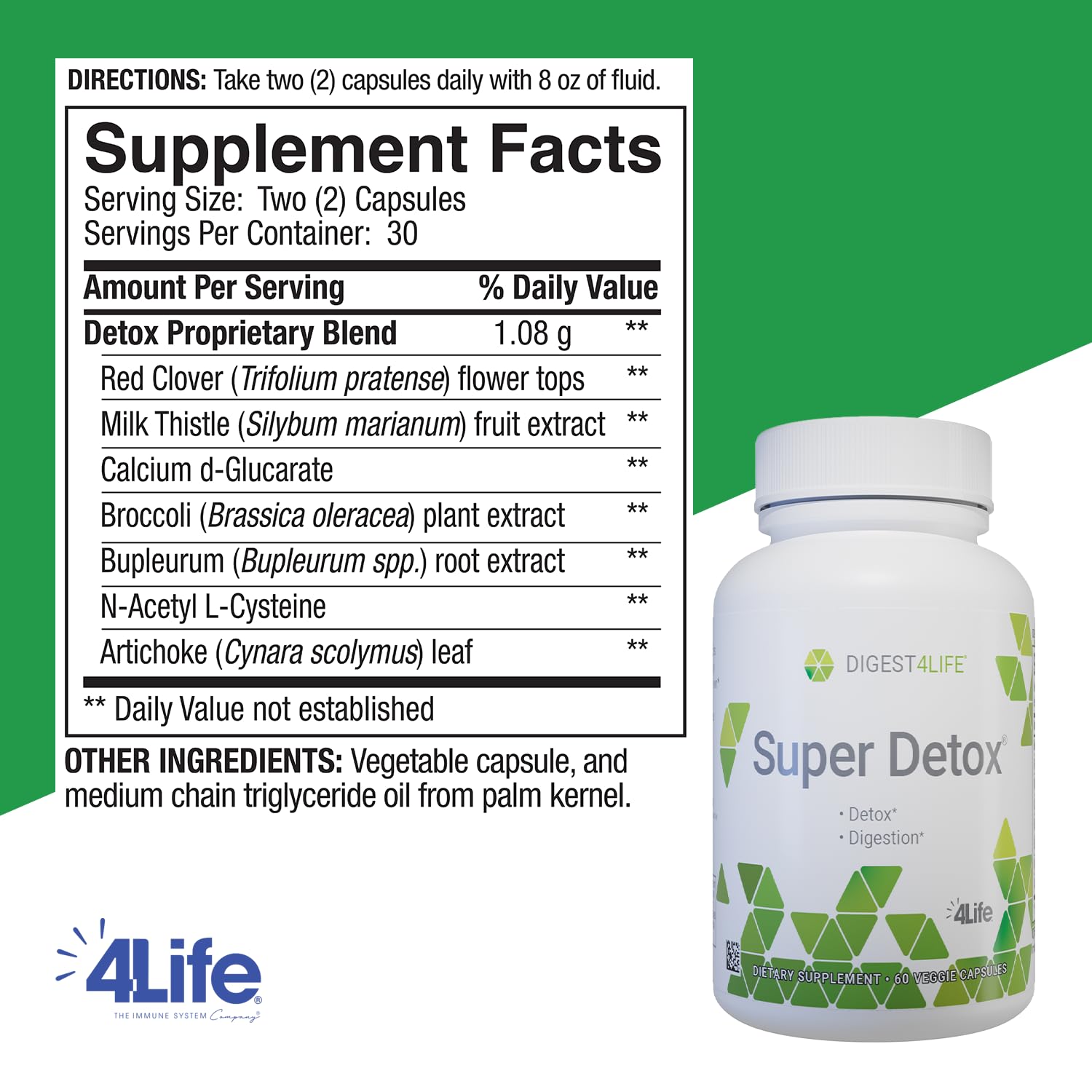 4Life Super Detox bottle back label shows ingredients list and dosage guidance.