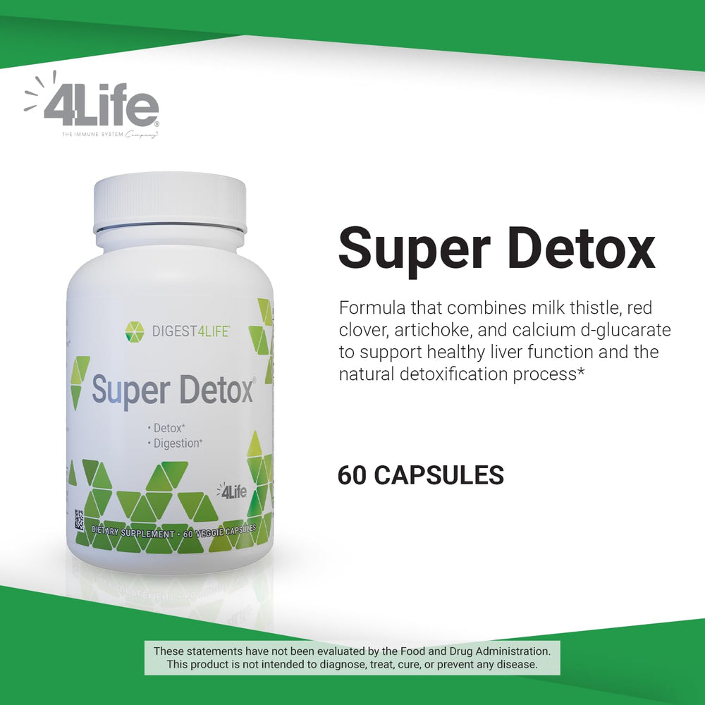 Close-up of 4Life Super Detox capsules highlighting milk thistle and artichoke ingredients.