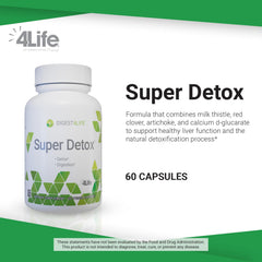 Close-up of 4Life Super Detox capsules highlighting milk thistle and artichoke ingredients.