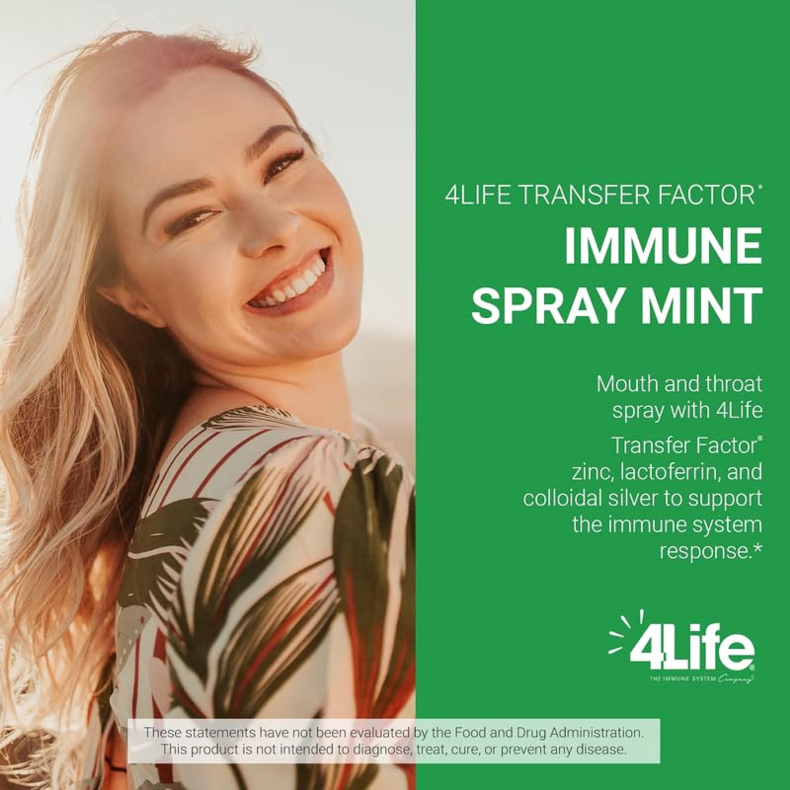 4Life Transfer Factor Immune Spray zinc and lactoferrin ingredients visible.