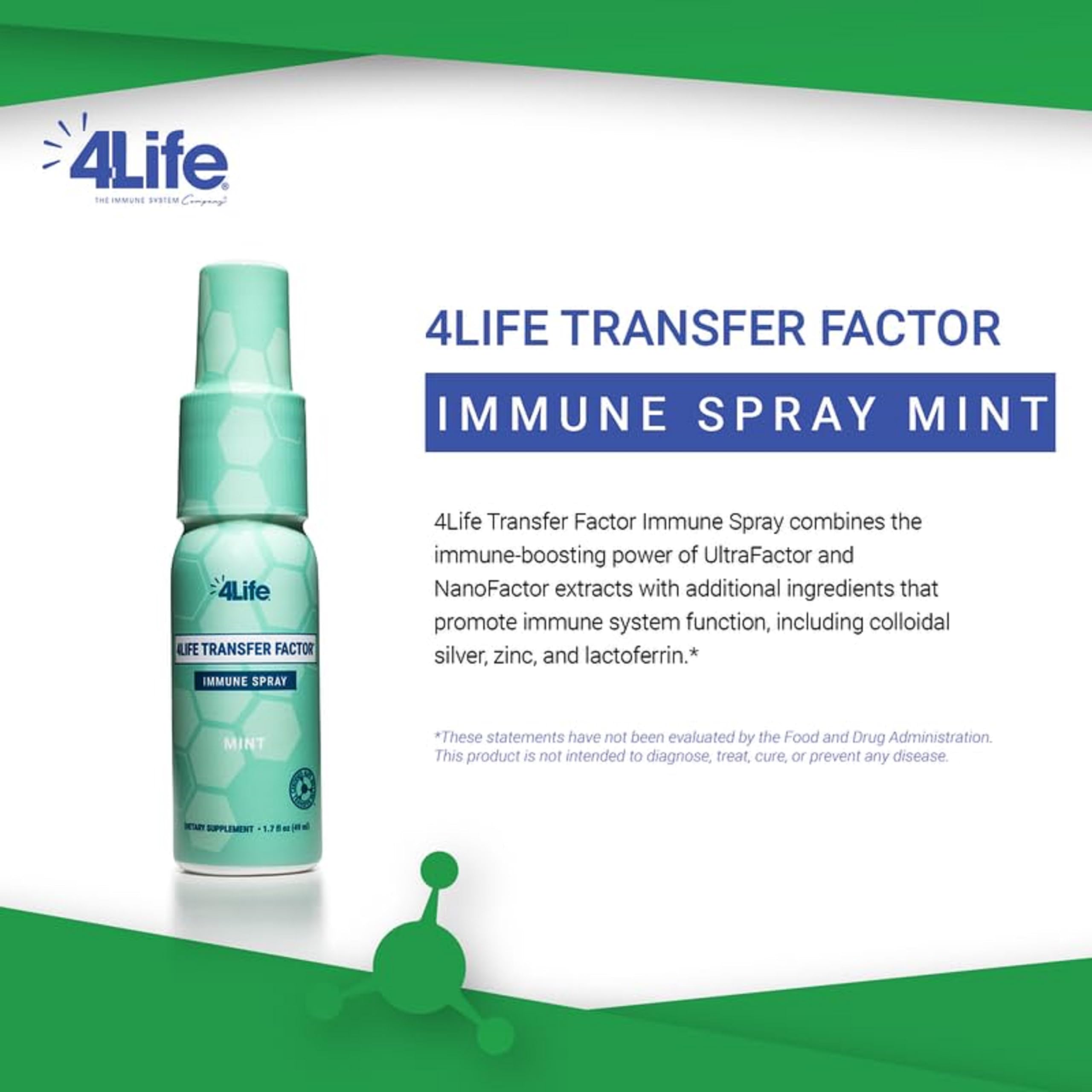 4Life Transfer Factor Immune Spray mint flavor label highlights refreshing use.