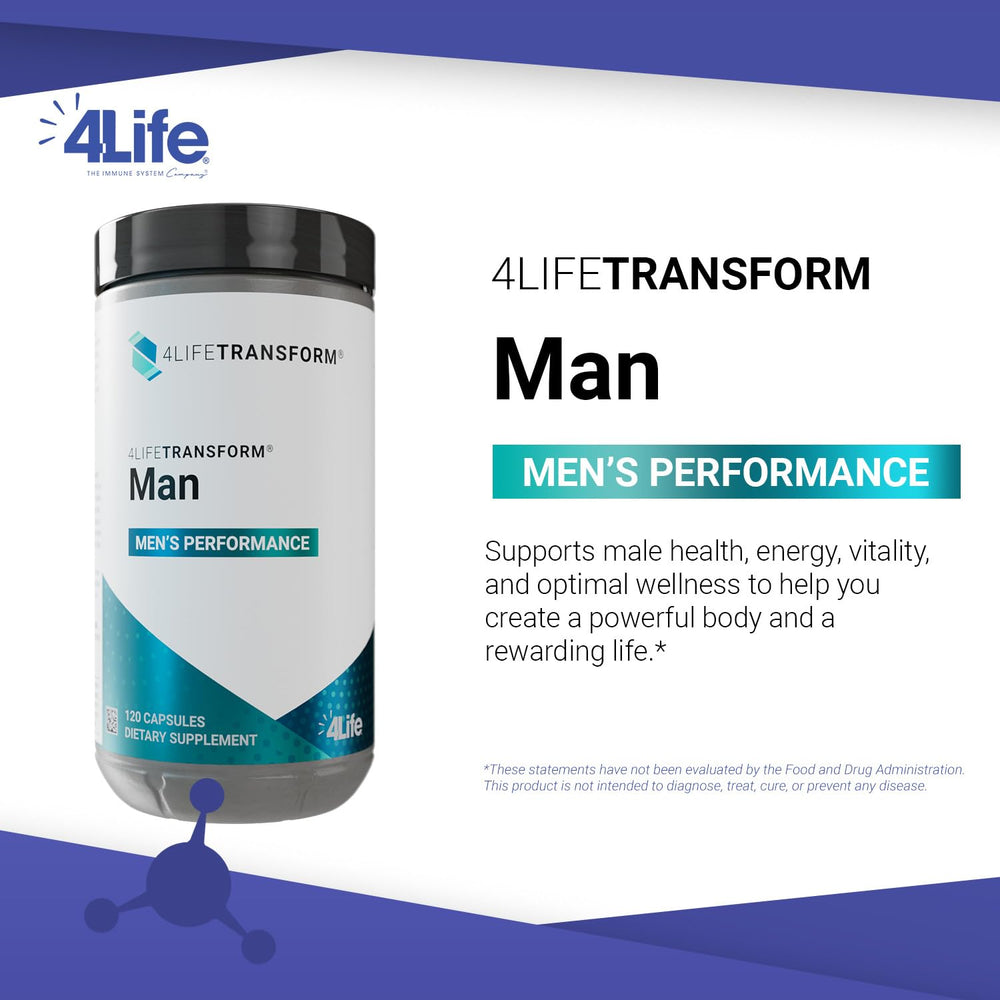 4Life Transform Man Korean ginseng root imagery suggests natural adaptogen support.