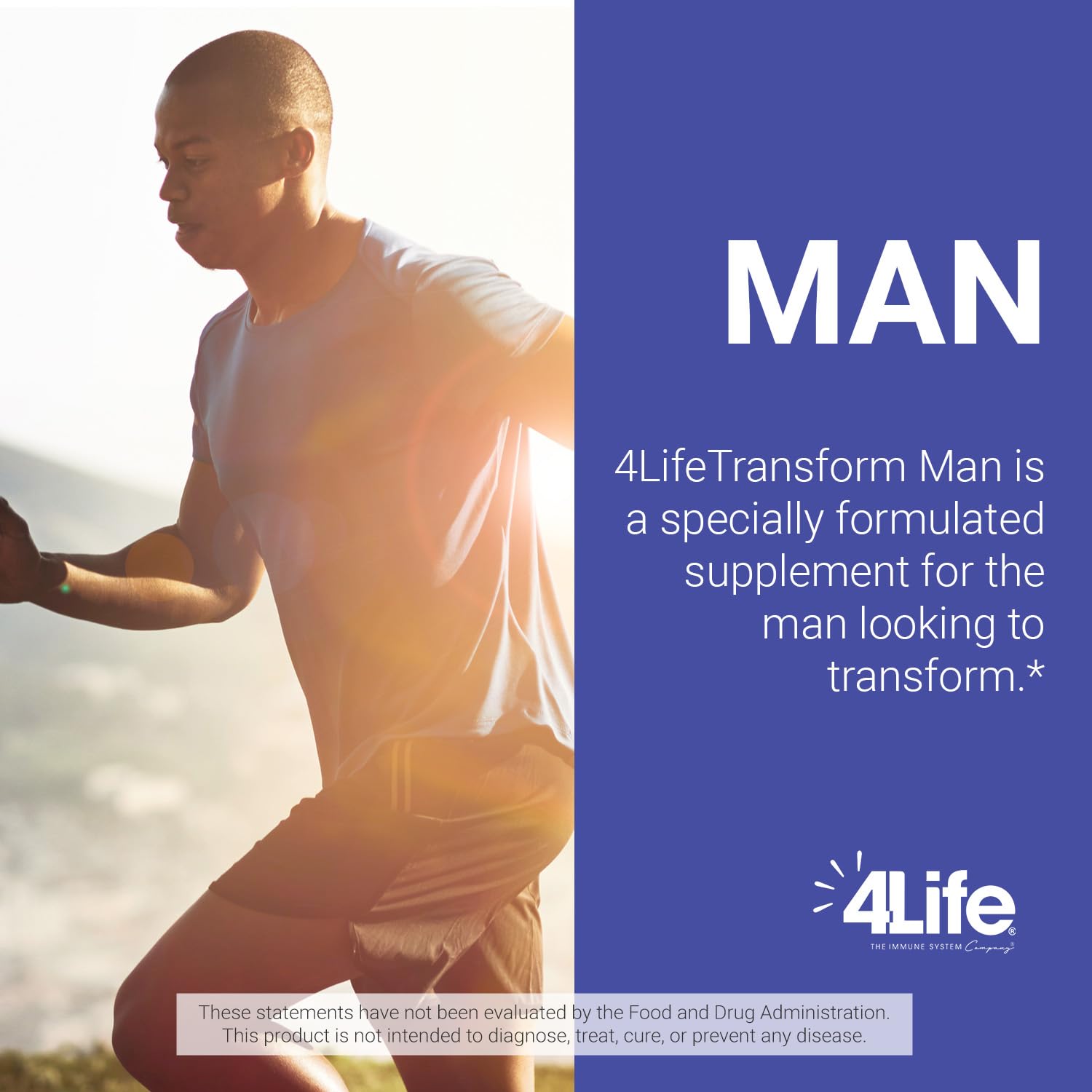 4Life Transform Man vitamin D3 tablet highlights immune and energy nutrients.