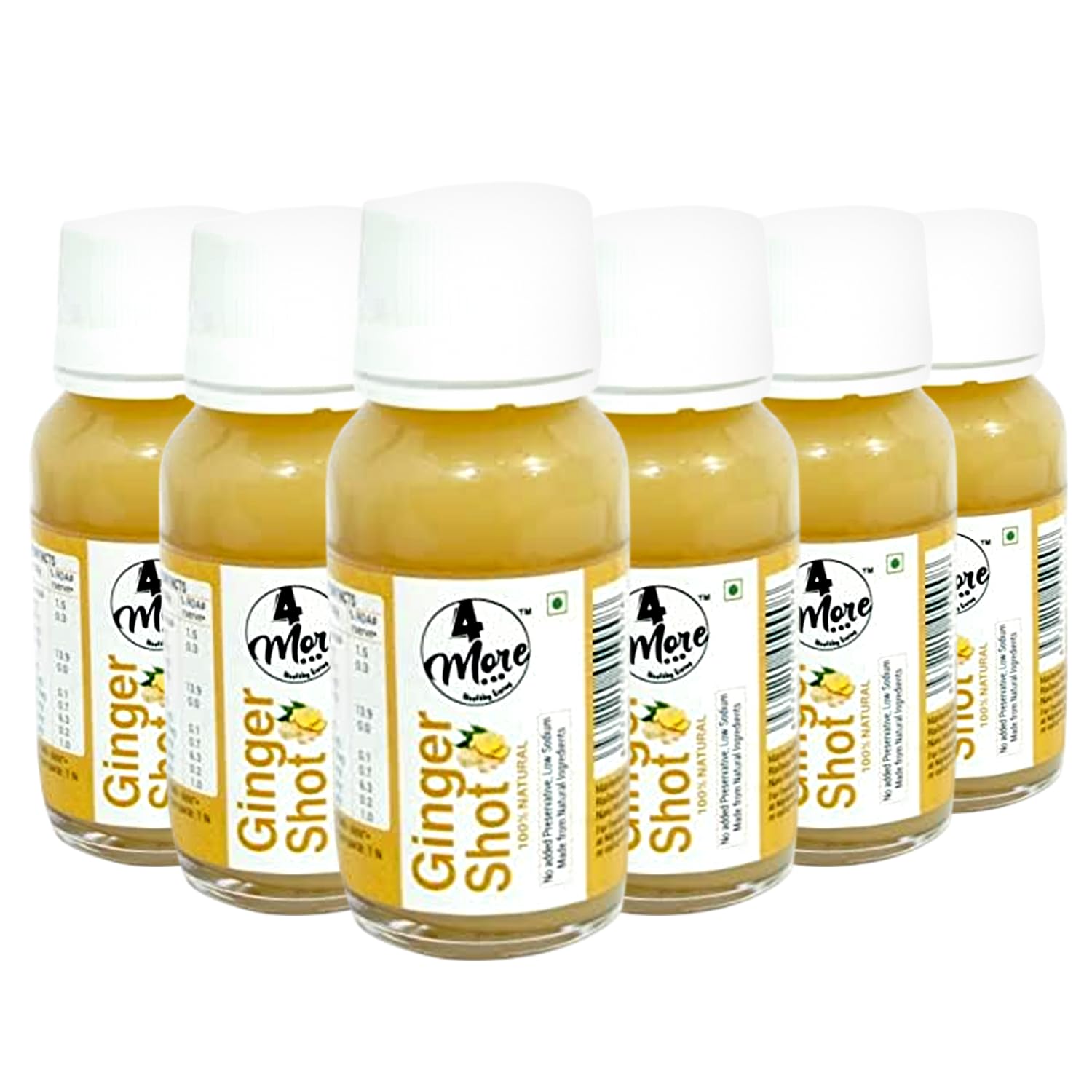 4more Ginger Lemon Honey Shot bottle front shows natural ingredients for daily energy