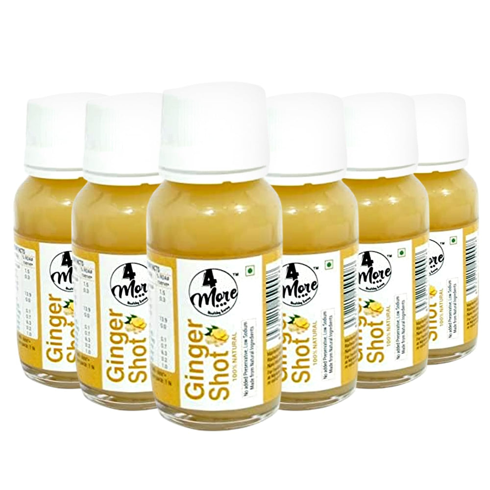4more Ginger Lemon Honey Shot bottle front shows natural ingredients for daily energy