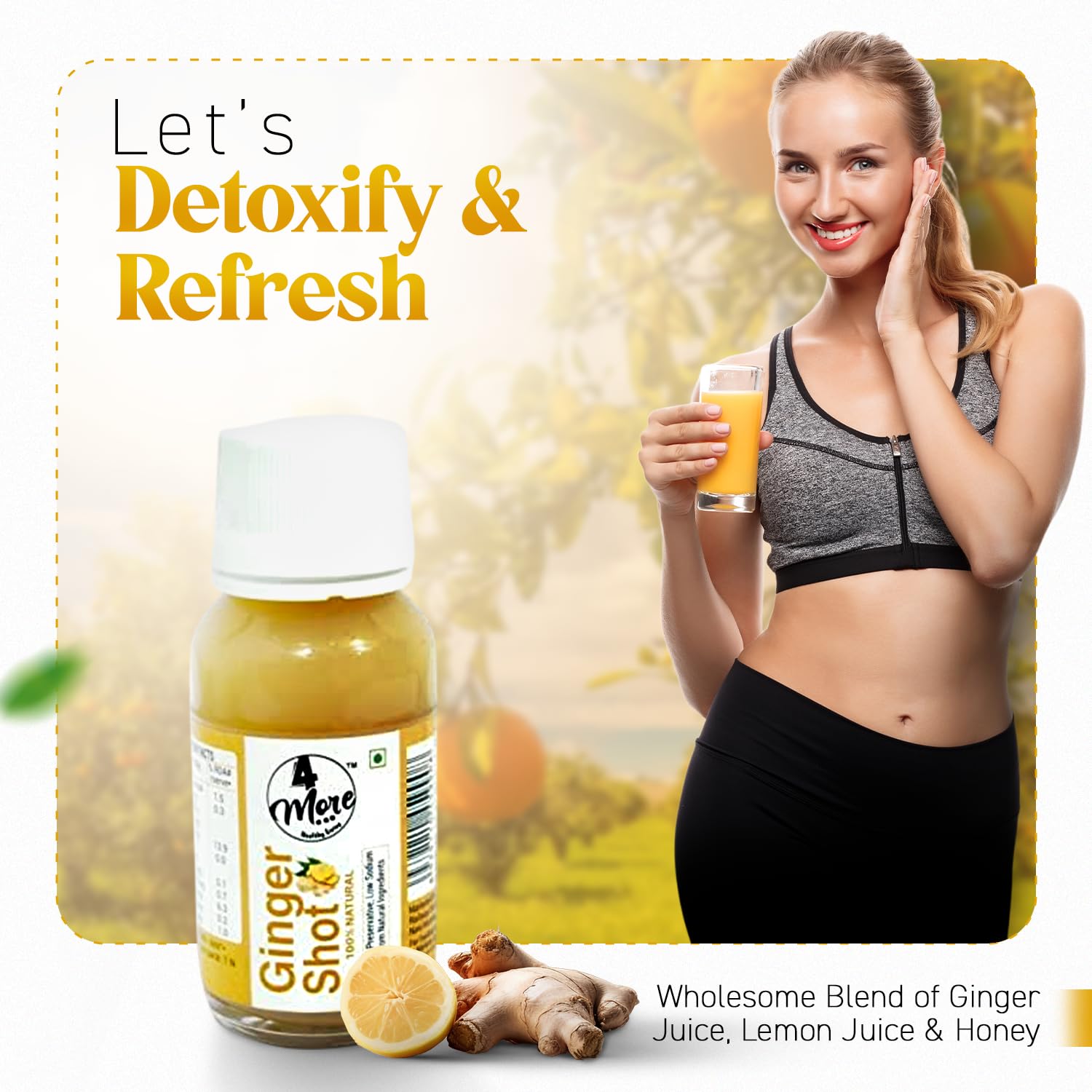 4more Ginger Lemon Honey Shot with citrus slices evokes fresh flavor