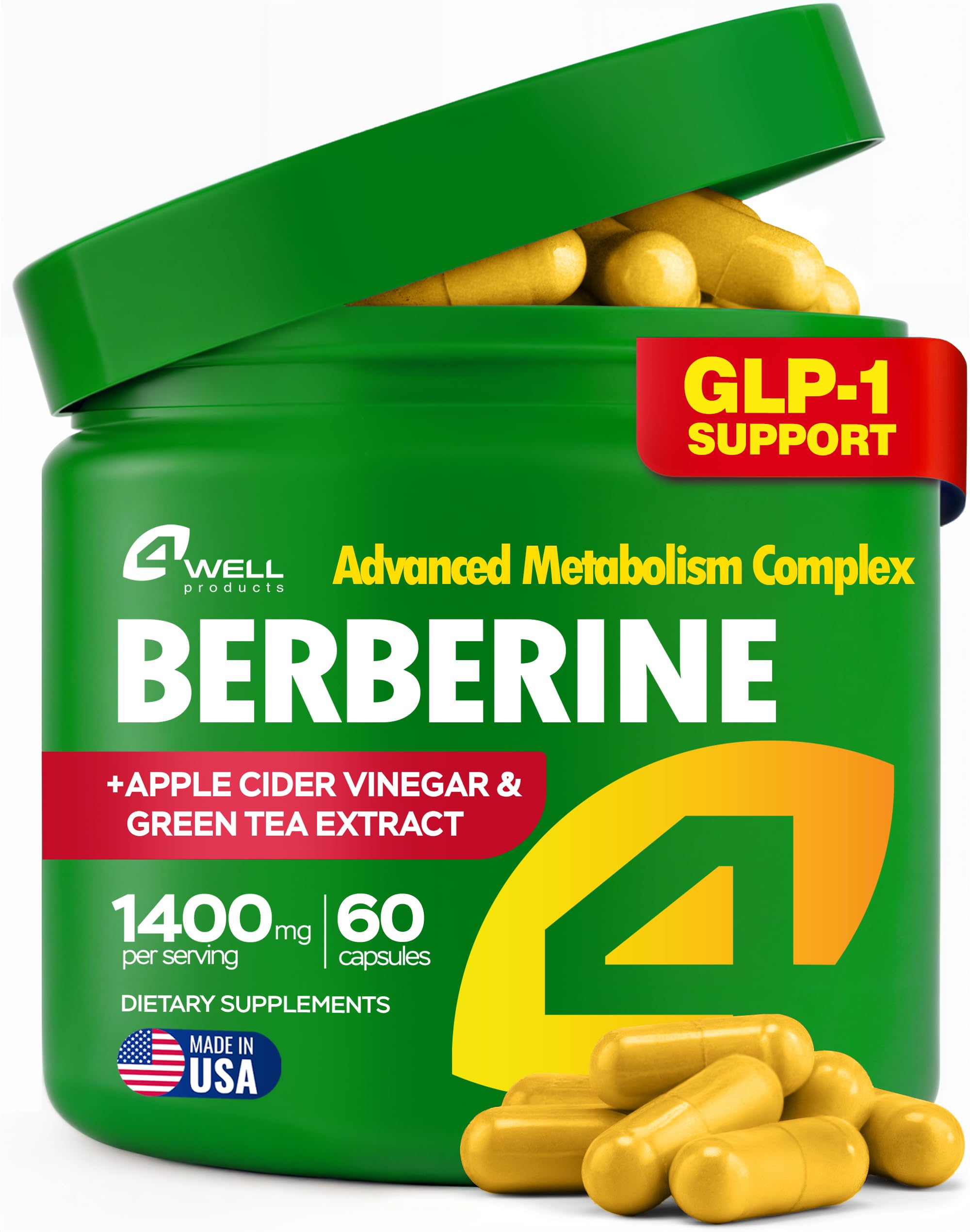 4Well Berberine HCL bottle for daily metabolism support.