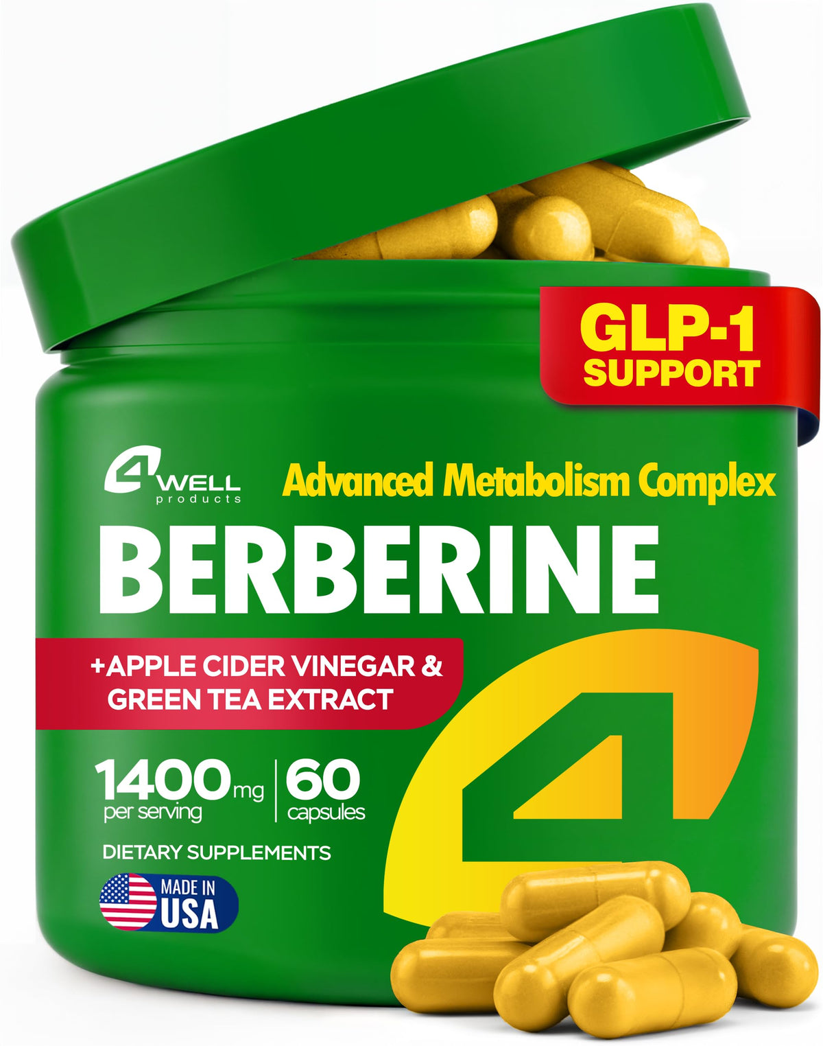 4Well Berberine HCL bottle for daily metabolism support.