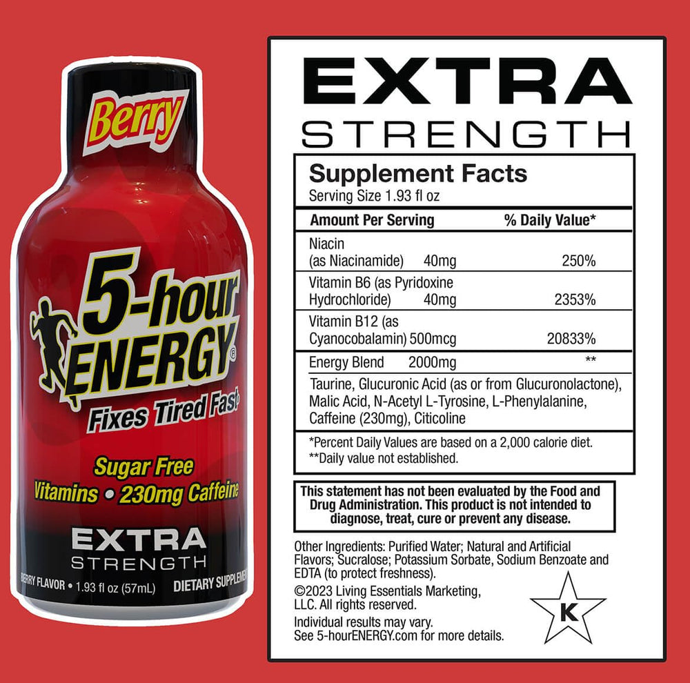 Close-up of Berry Shot label with 230 mg caffeine for alertness