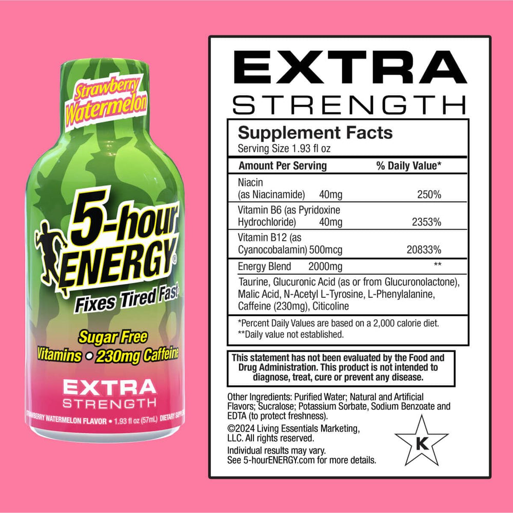 5-hour ENERGY strawberry watermelon shot label highlighting caffeine boost and on-the-go use