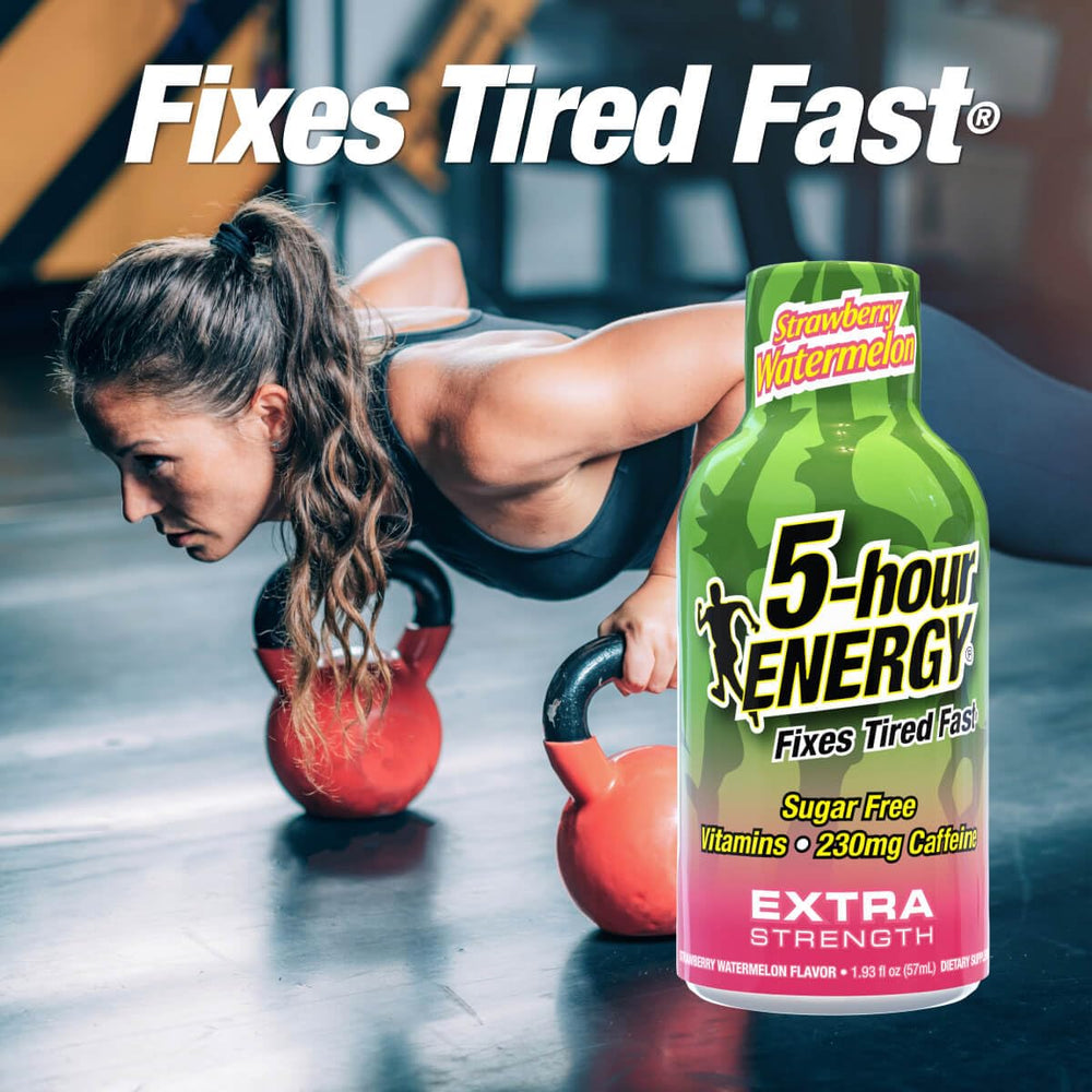 5-hour ENERGY strawberry watermelon shot pour close-up for quick energy on the go