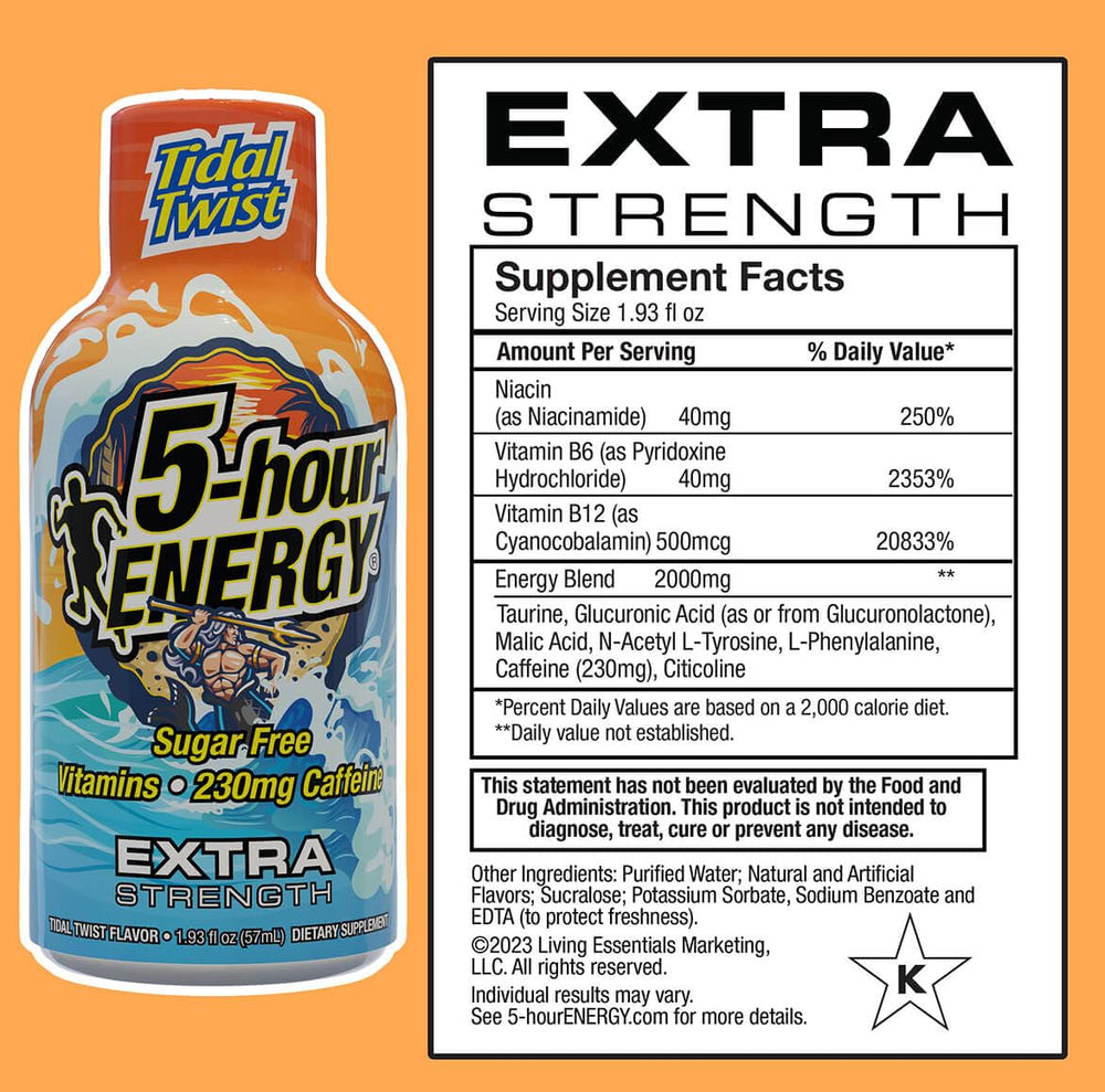 5-hour ENERGY Extra Strength Tidal Twist bottle side showing 230 mg caffeine