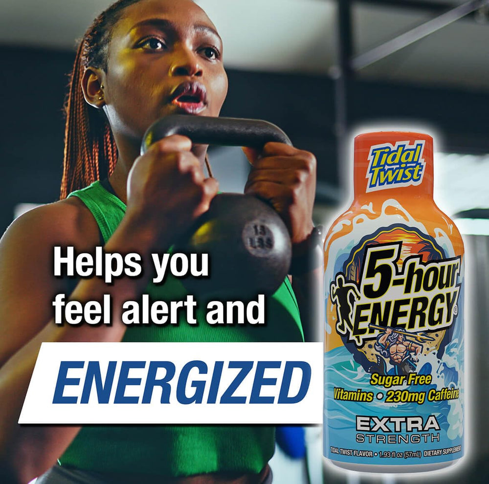 5-hour ENERGY Extra Strength Tidal Twist label closeup highlighting zero sugar