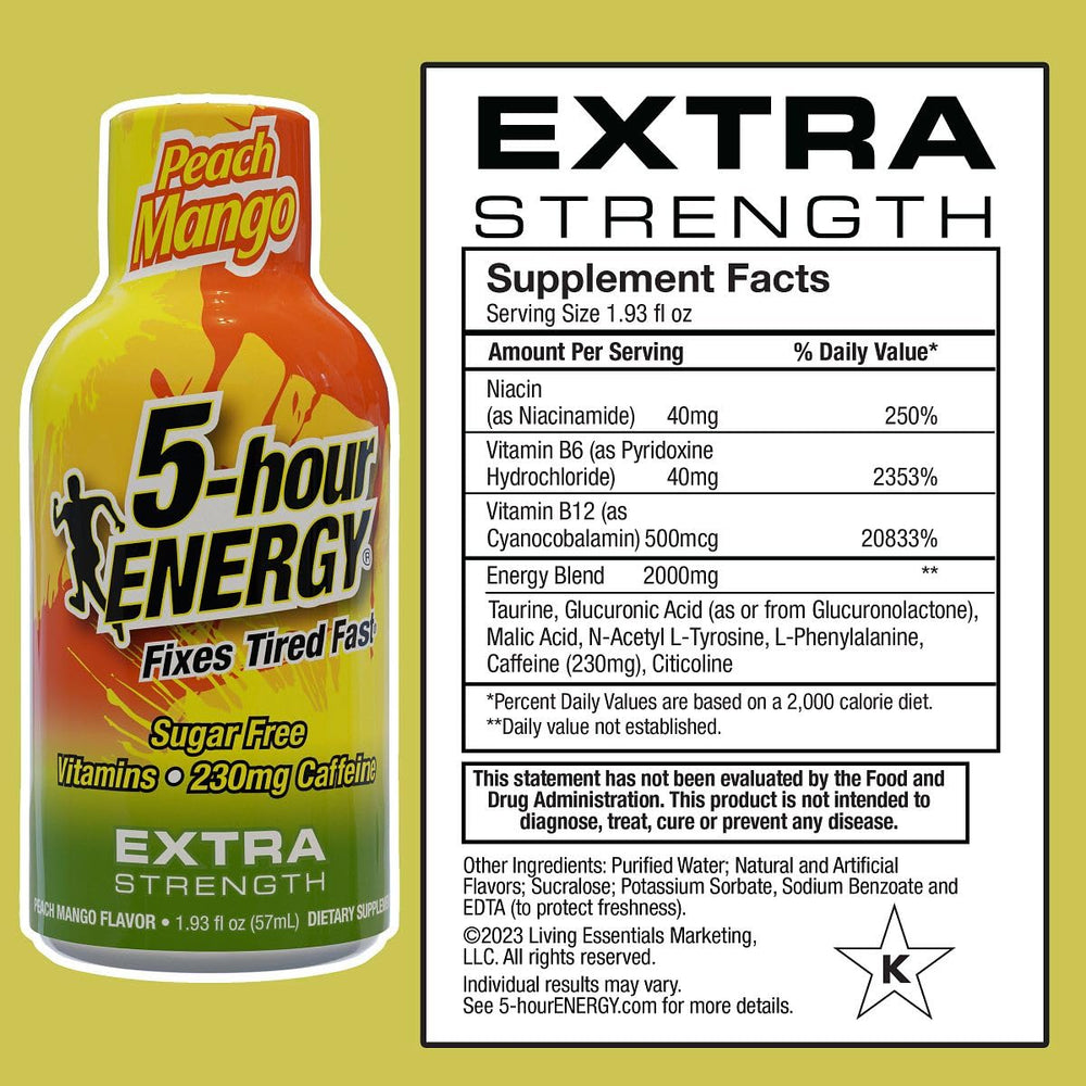 Close-up of 5-hour ENERGY Peach Mango flavor showing smooth taste and no jitters