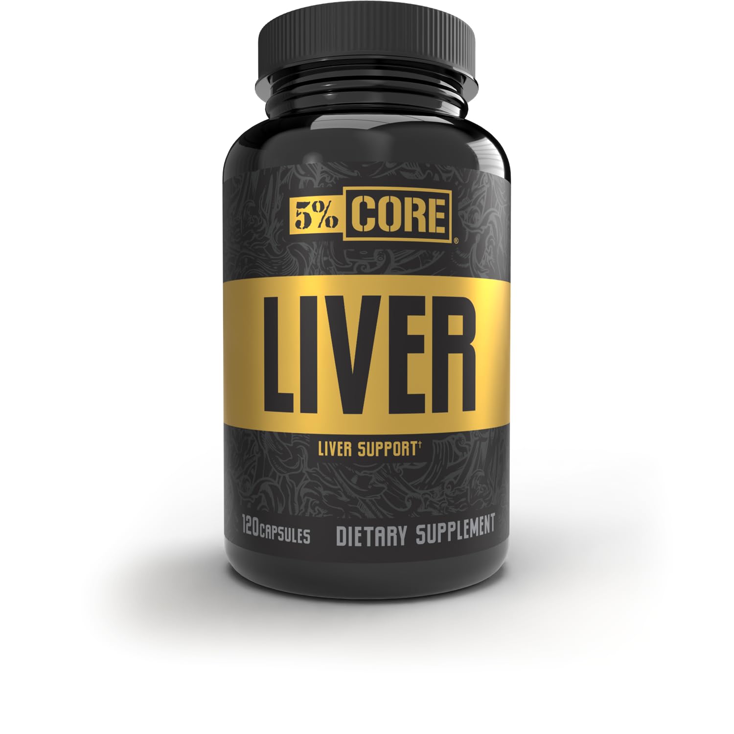 5% Nutrition Core Liver Support bottle closeup shows NAC, milk thistle, and glutathione for training support.