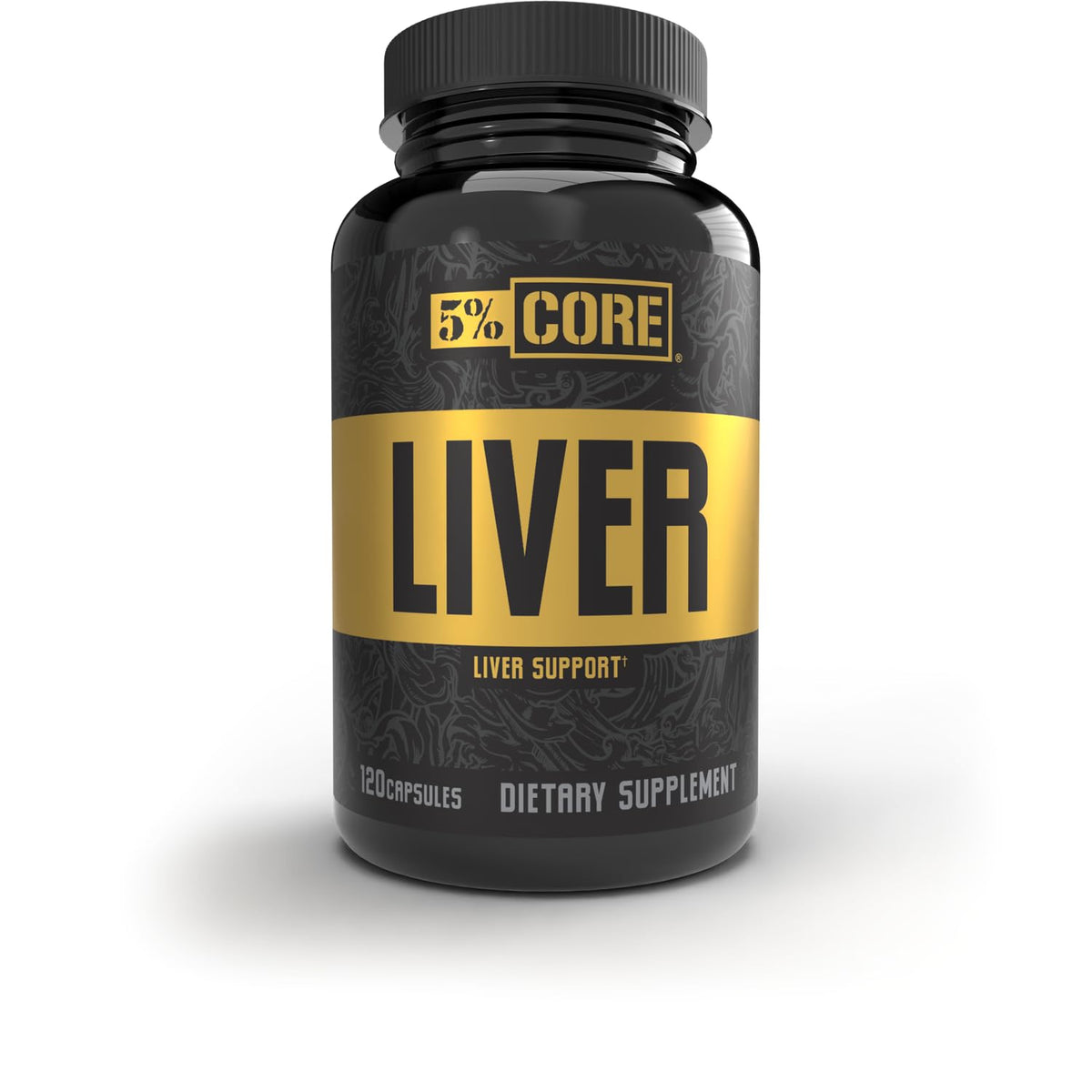 5% Nutrition Core Liver Support bottle closeup shows NAC, milk thistle, and glutathione for training support.