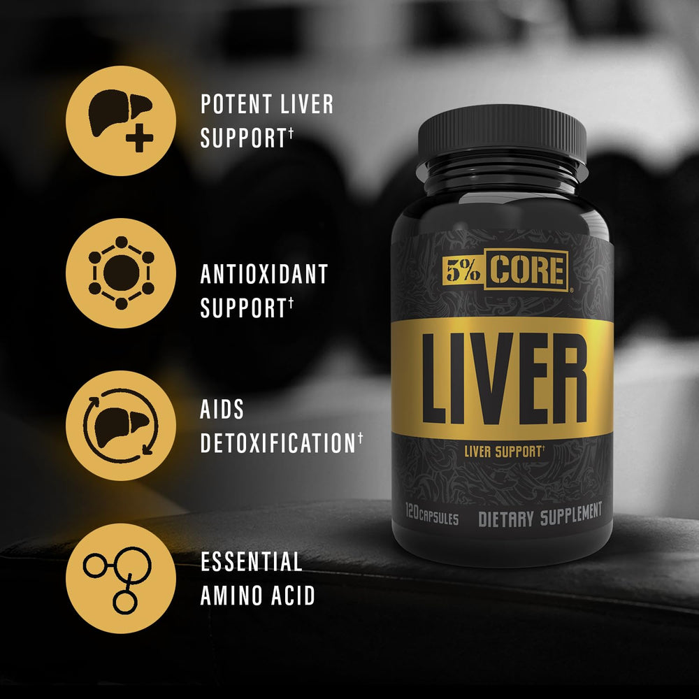 5% Nutrition Core Liver Support scene with capsules supports a simple daily routine.