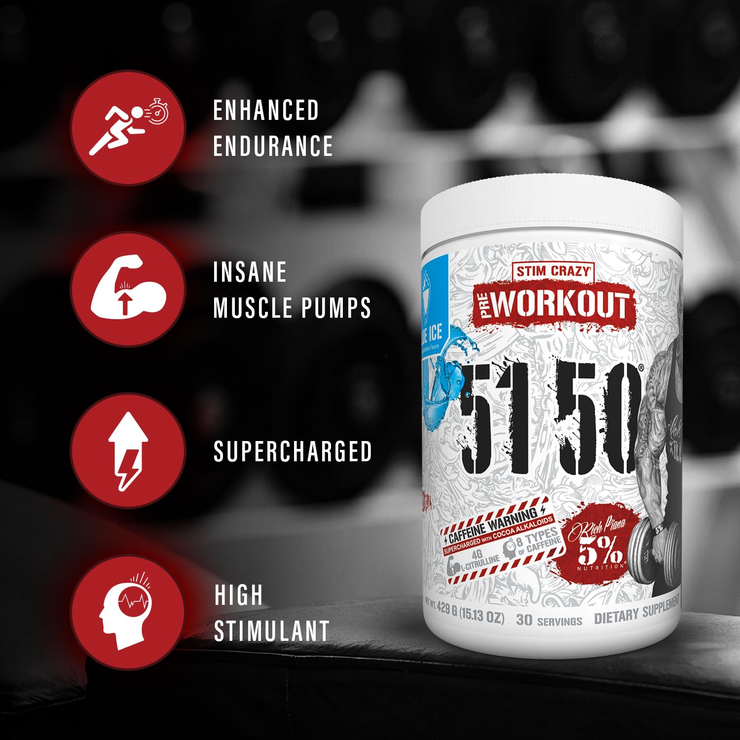 Rich Piana 5150 pre-workout mixed in a glass, inviting energy.