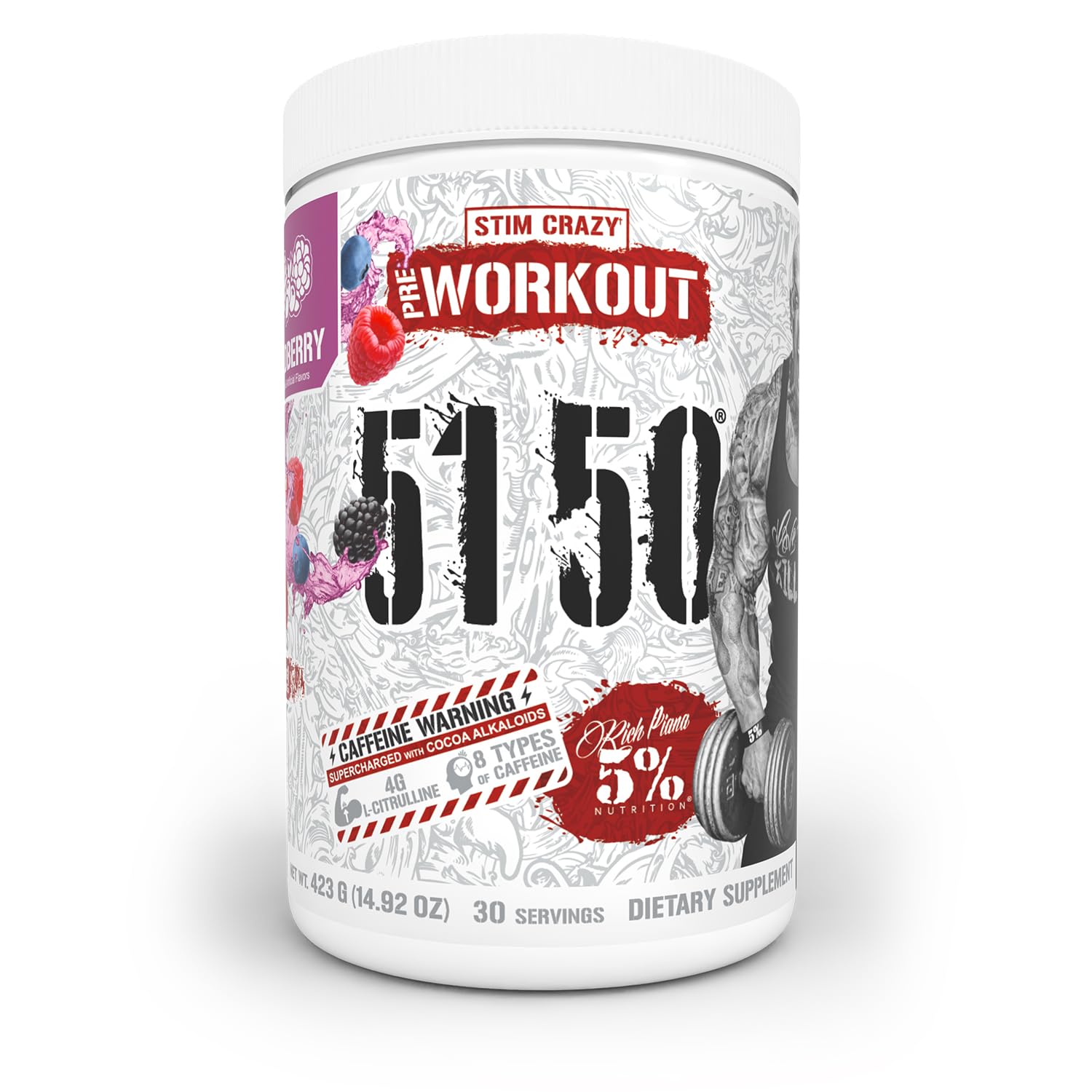 5% Nutrition Rich Piana 5150 tub front shows high-energy pre-workout for intense sessions.