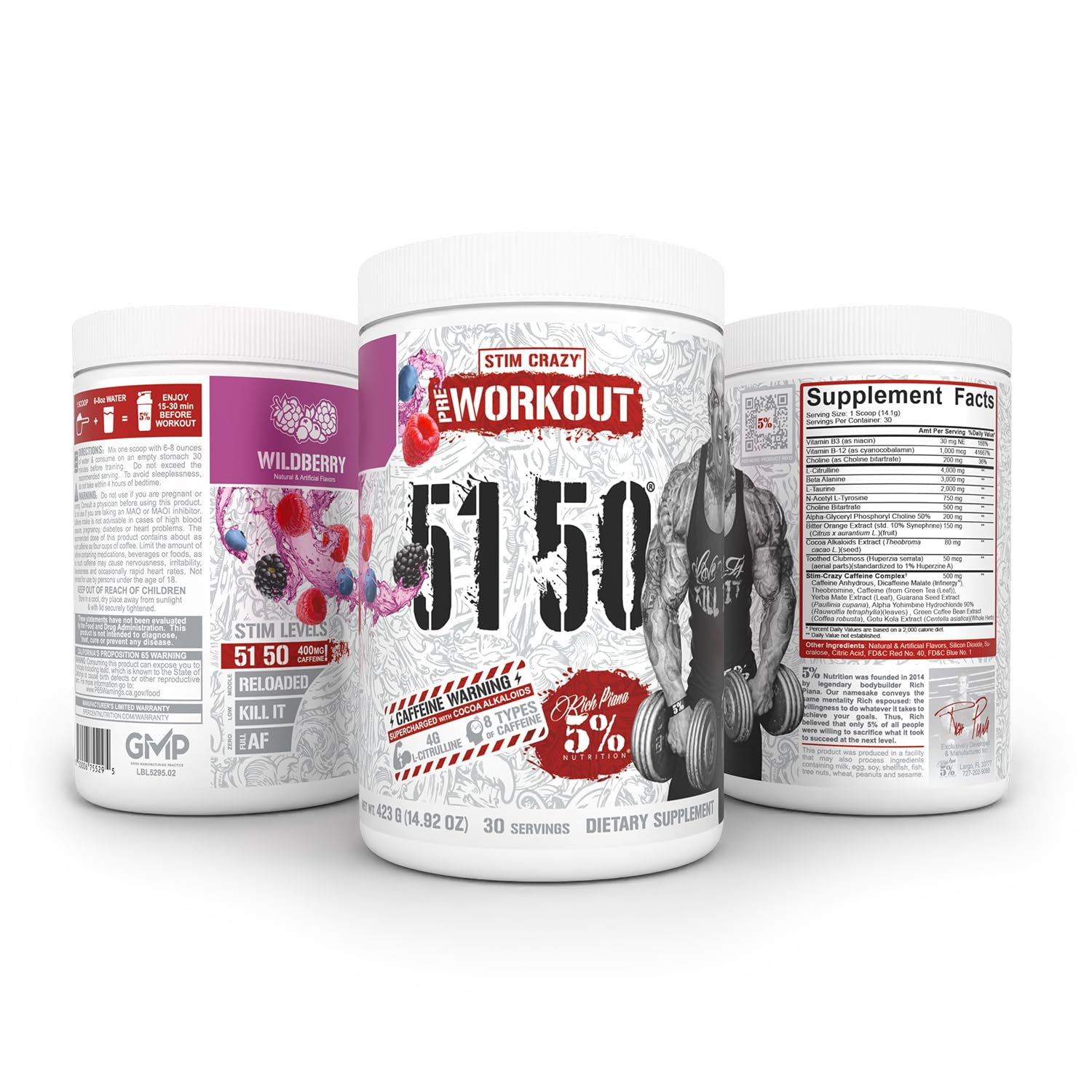 5% Nutrition Rich Piana 5150 tub label closeup highlights dosing and flavor options.