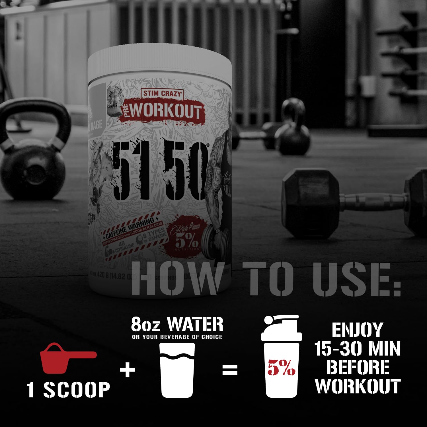 5% Nutrition Rich Piana 5150 wildberry bottle displays flavor variety and appeal.