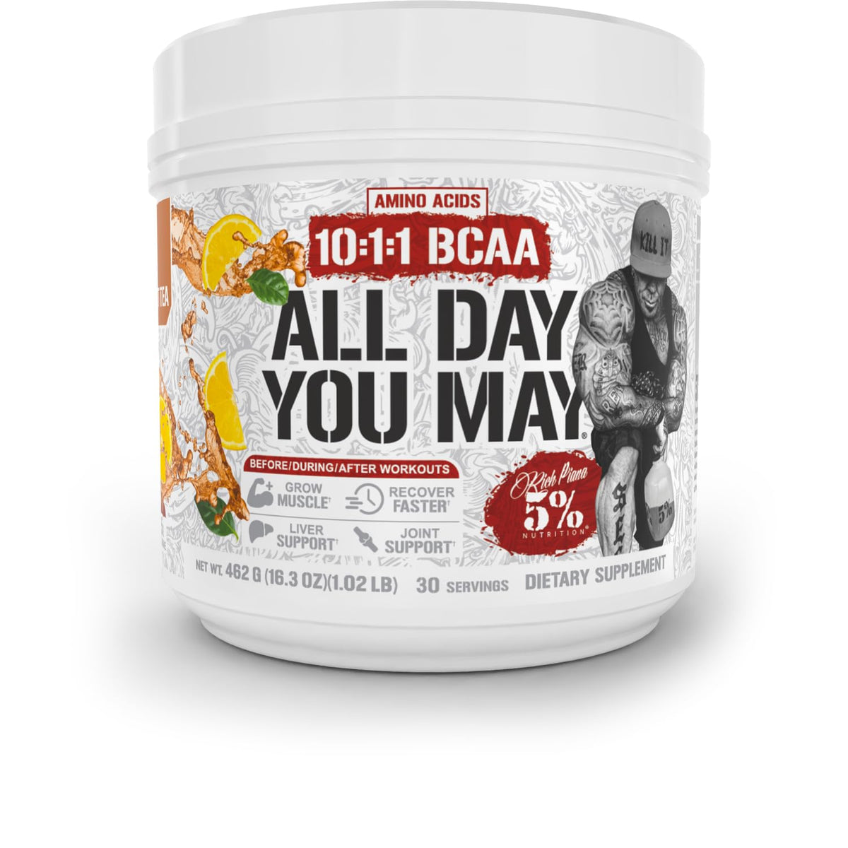 5% Nutrition Rich Piana AllDayYouMay BCAA powder bottle displaying flavor-packed intra-workout formula